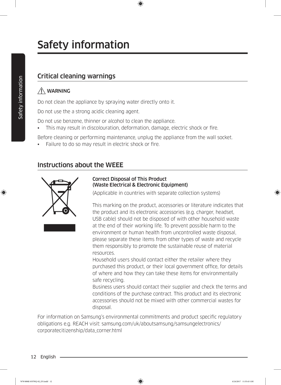 Samsung WW60J4060LW/LE, WW60J4263NW/EO, WW60J42602W/EO manual Critical cleaning warnings, Instructions about the Weee 