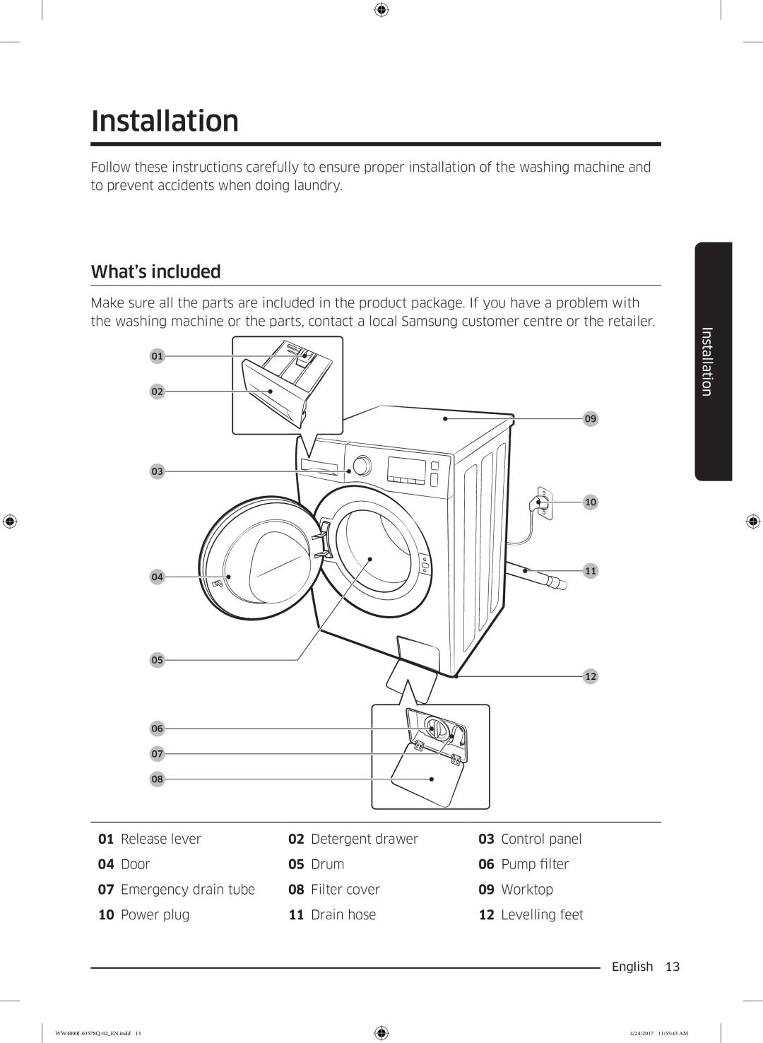 Samsung WW60J4263NW/EO, WW60J42602W/EO, WW60J4063JW/EO, WW60J42132W/EO, WW60J4060LW/EO manual Installation, What’s included 