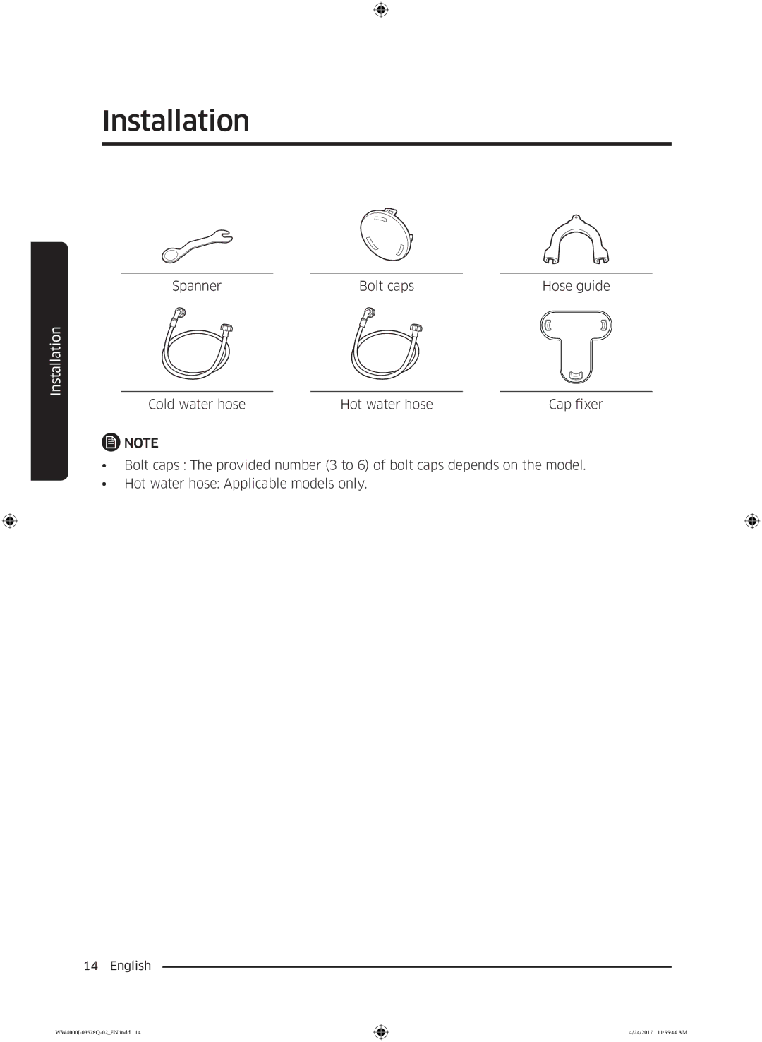 Samsung WW60J42602W/EO, WW60J4263NW/EO, WW60J4063JW/EO, WW60J42132W/EO, WW60J4060LW/EO manual Spanner Bolt caps Hose guide 