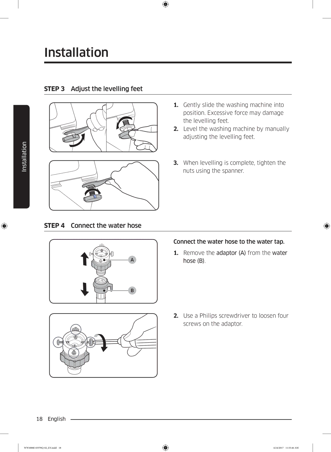 Samsung WW60J4263LW/EO, WW60J4263NW/EO, WW60J42602W/EO, WW60J4063JW/EO Adjust the levelling feet, Connect the water hose 