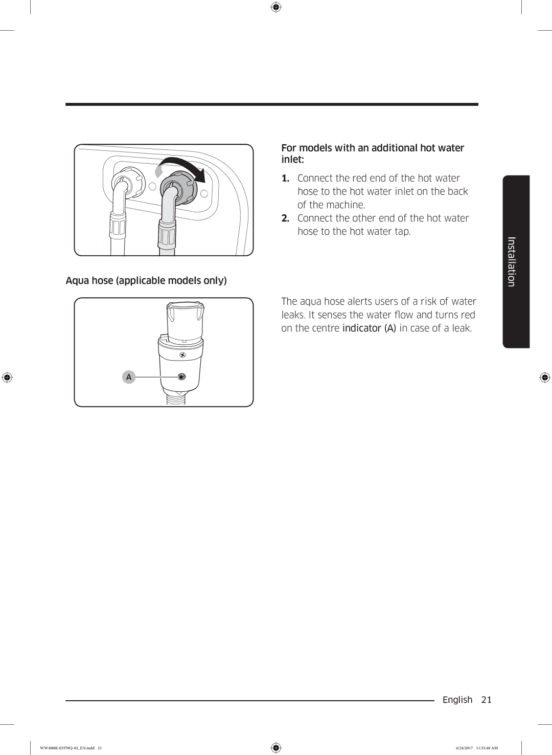 Samsung WW60J4213LW/EO, WW60J4263NW/EO, WW60J42602W/EO, WW60J4063JW/EO, WW60J42132W/EO, WW60J4060LW/EO manual Installation 