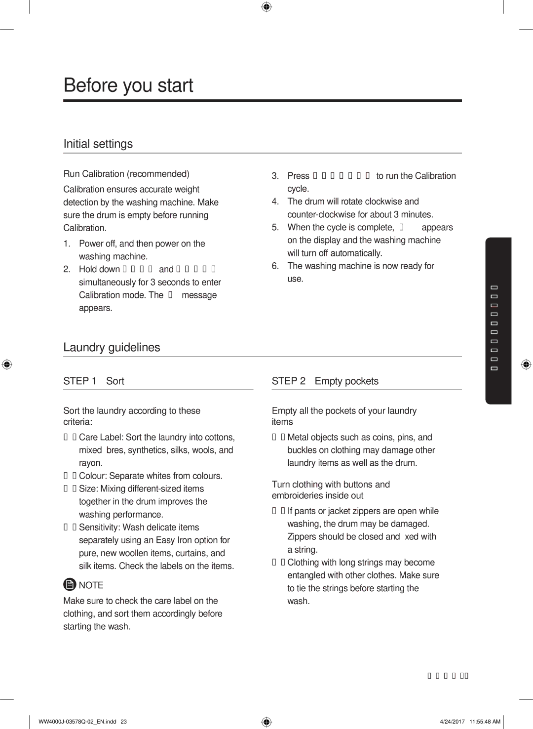 Samsung WW60J4060LW/ZE, WW60J4263NW/EO manual Before you start, Initial settings, Laundry guidelines, Empty pockets 