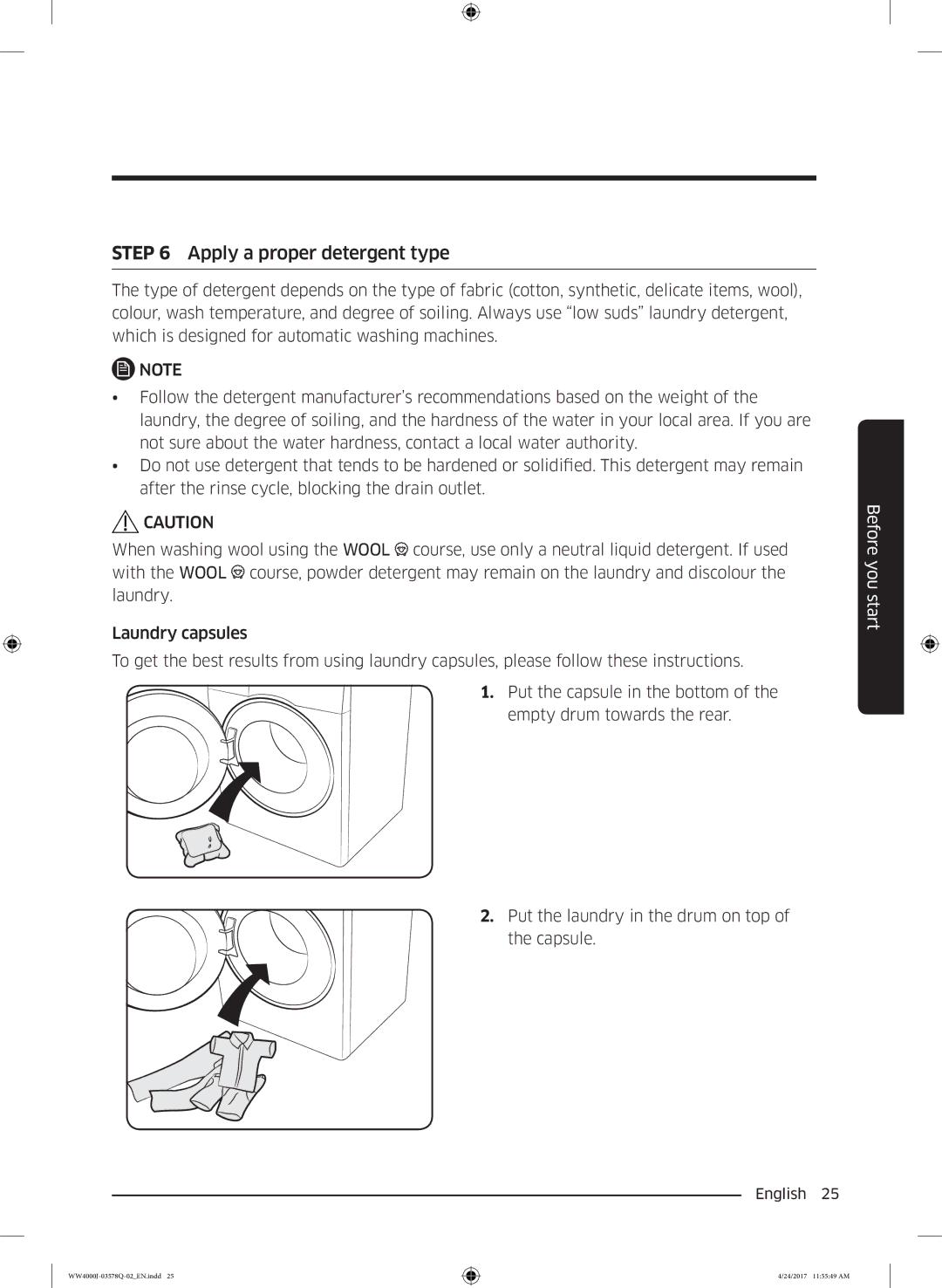 Samsung WW60J4060LW/LE, WW60J4263NW/EO, WW60J42602W/EO, WW60J4063JW/EO manual Apply a proper detergent type, Before you start 