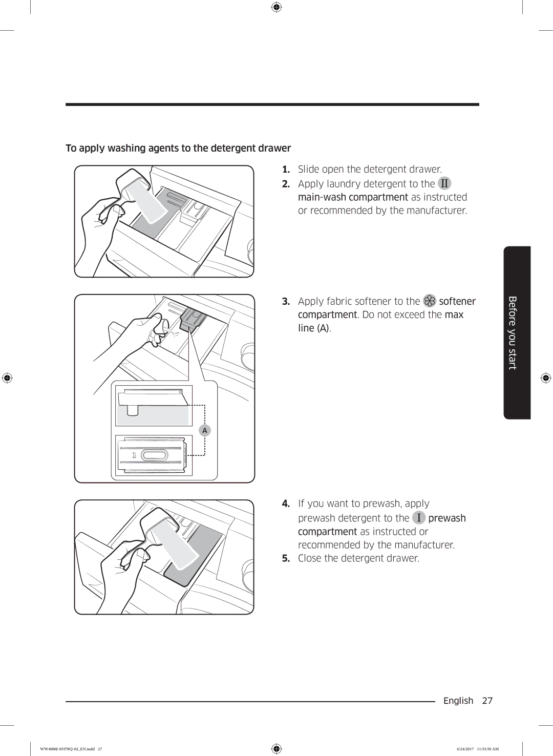 Samsung WW60J42602W/EO, WW60J4263NW/EO, WW60J4063JW/EO, WW60J42132W/EO, WW60J4060LW/EO, WW60J4263LW/EO manual Before you start 