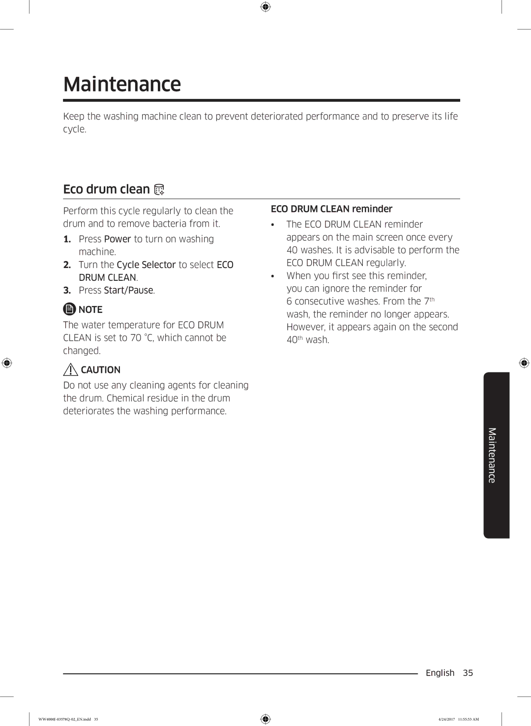 Samsung WW60J4060LW/ET, WW60J4263NW/EO, WW60J42602W/EO, WW60J4063JW/EO, WW60J42132W/EO manual Maintenance, Eco drum clean 