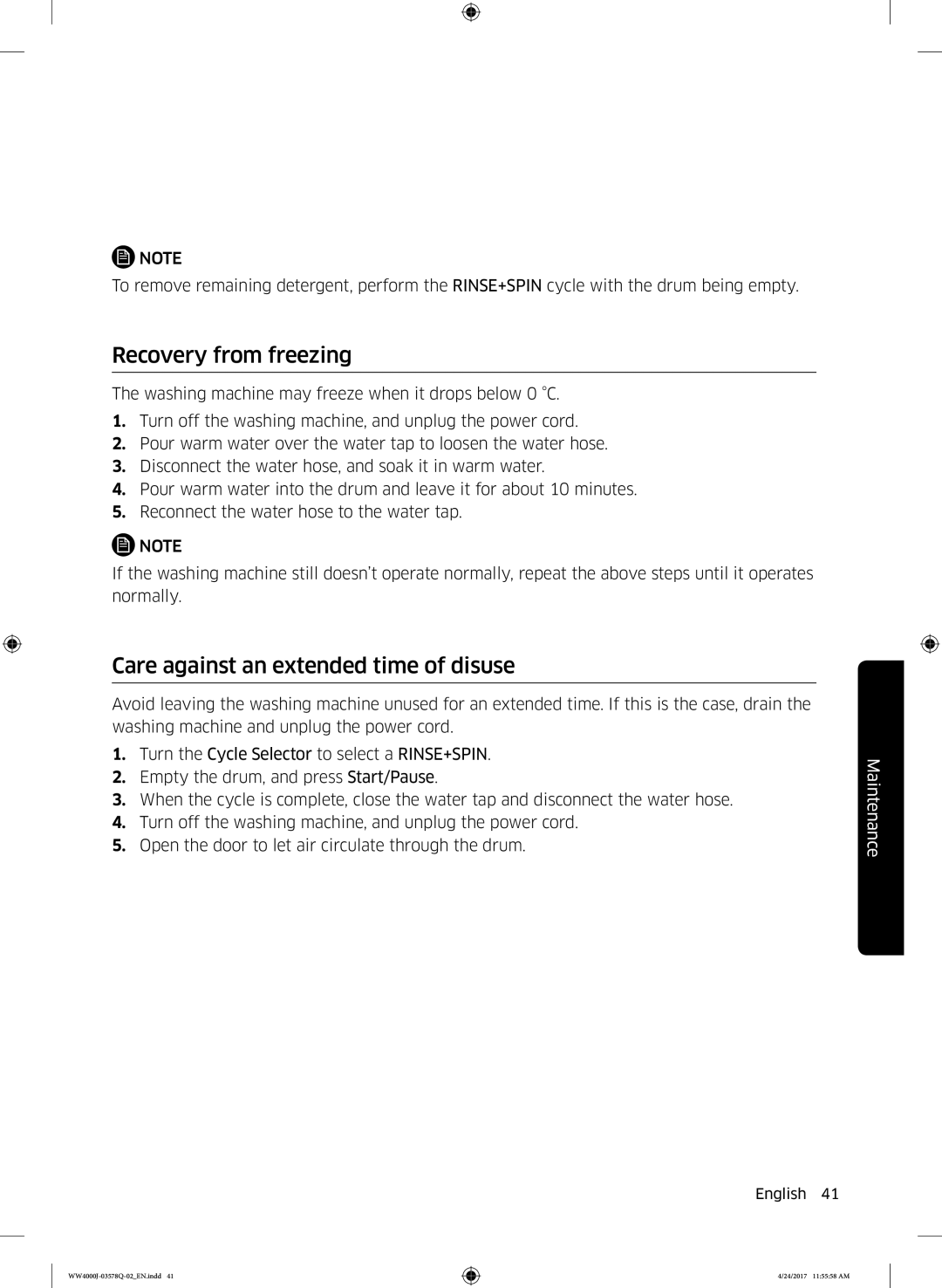 Samsung WW60J4063JW/EO, WW60J4263NW/EO, WW60J42602W/EO manual Recovery from freezing, Care against an extended time of disuse 