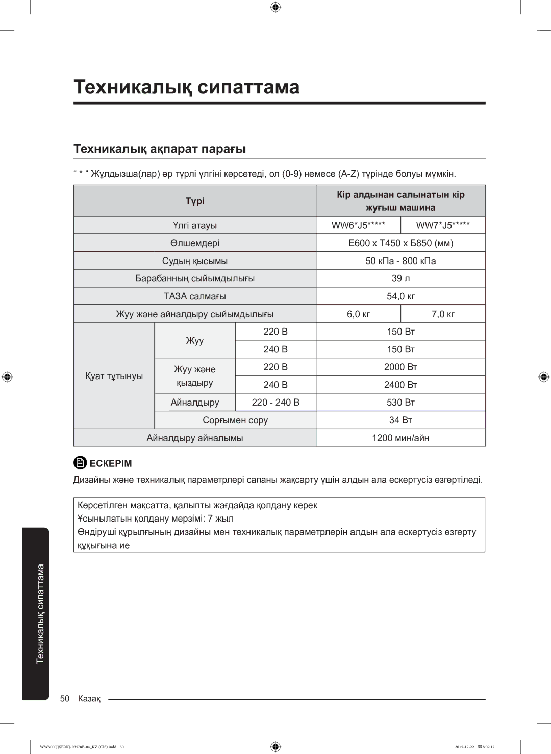 Samsung WW60J5213HSDLP manual Техникалық ақпарат парағы, Түрі Кір алдынан салынатын кір 