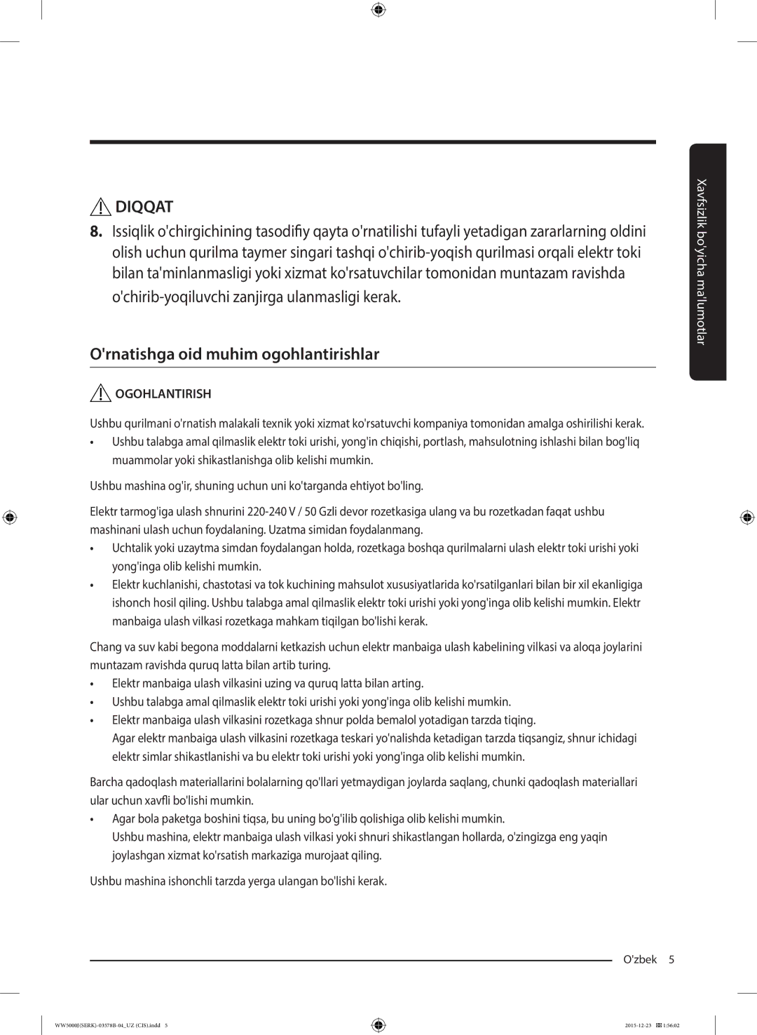 Samsung WW60J5213HSDLP manual Diqqat, Ornatishga oid muhim ogohlantirishlar 