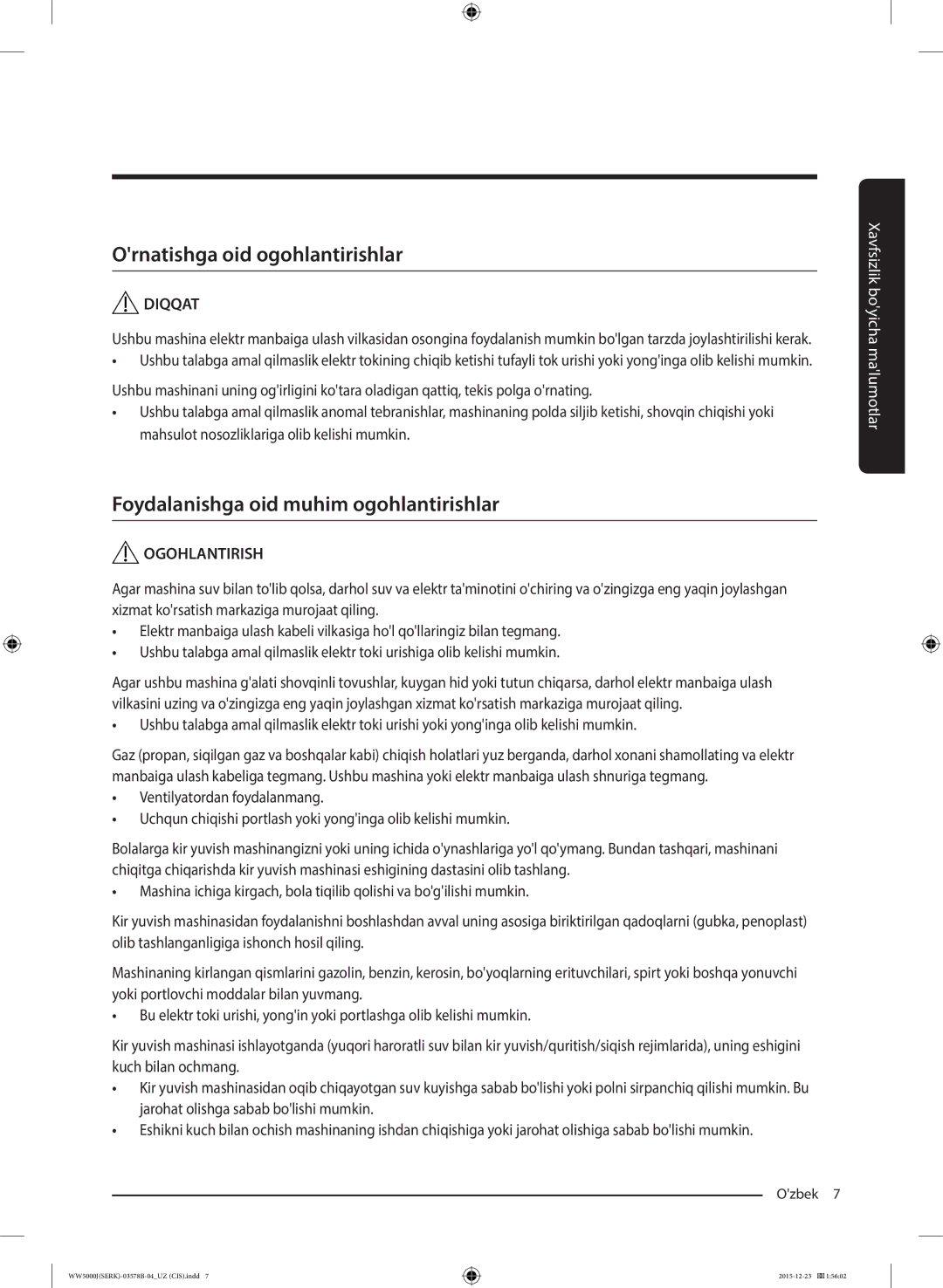 Samsung WW60J5213HSDLP manual Ornatishga oid ogohlantirishlar, Foydalanishga oid muhim ogohlantirishlar 