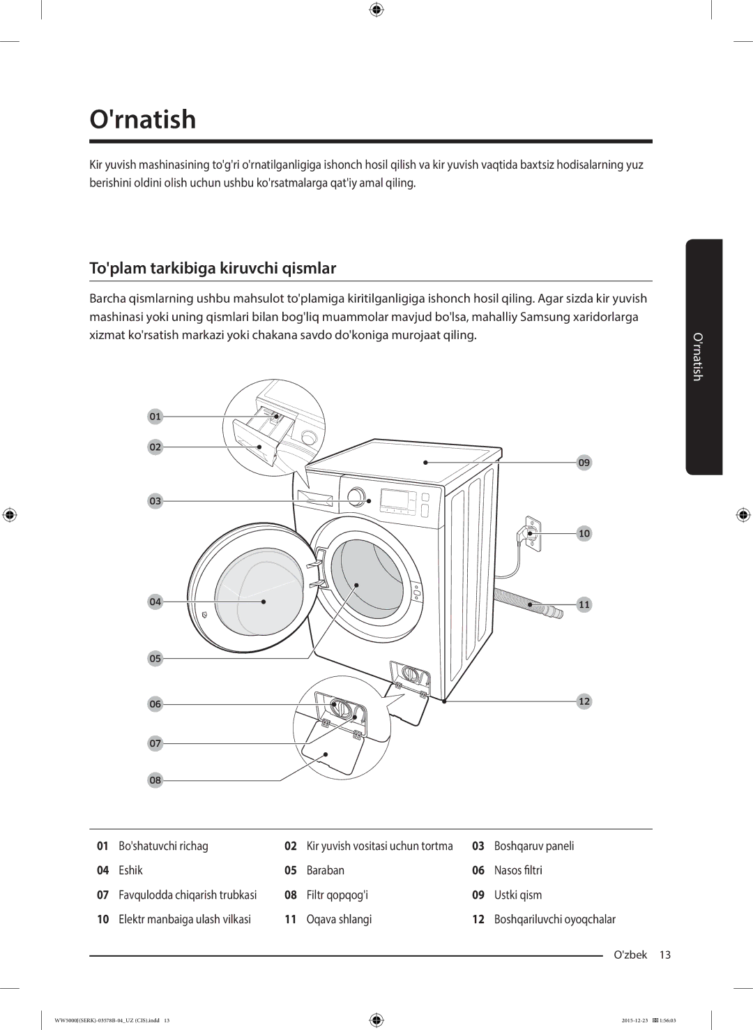 Samsung WW60J5213HSDLP manual Ornatish, Toplam tarkibiga kiruvchi qismlar 