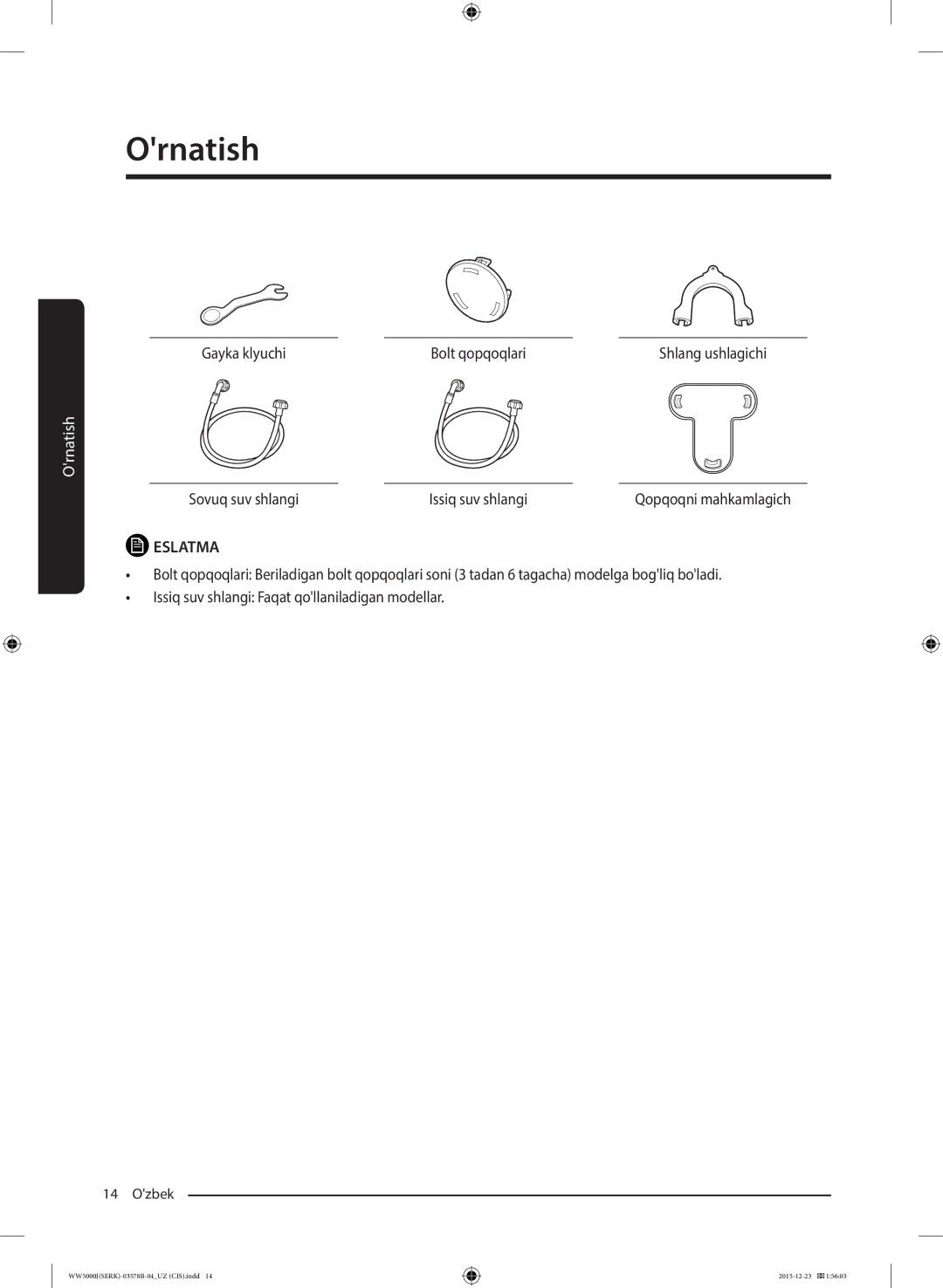 Samsung WW60J5213HSDLP manual Gayka klyuchi Bolt qopqoqlari, Sovuq suv shlangi Issiq suv shlangi 