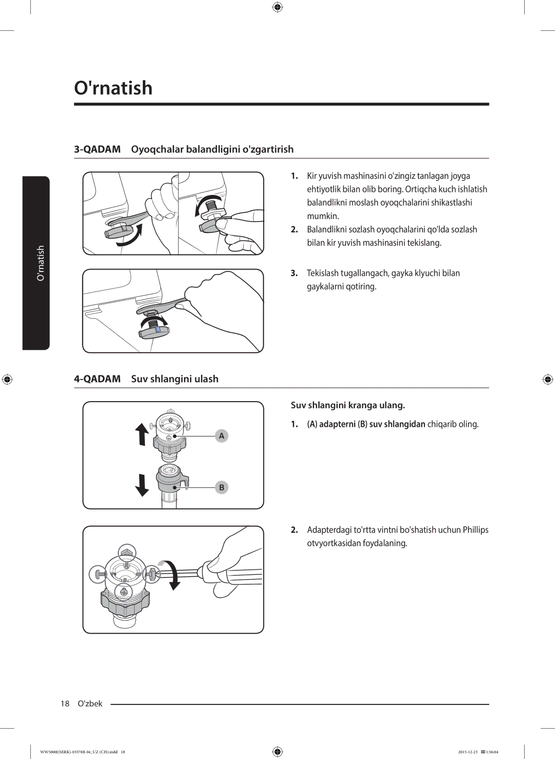 Samsung WW60J5213HSDLP manual Qadam Oyoqchalar balandligini ozgartirish, Qadam Suv shlangini ulash 