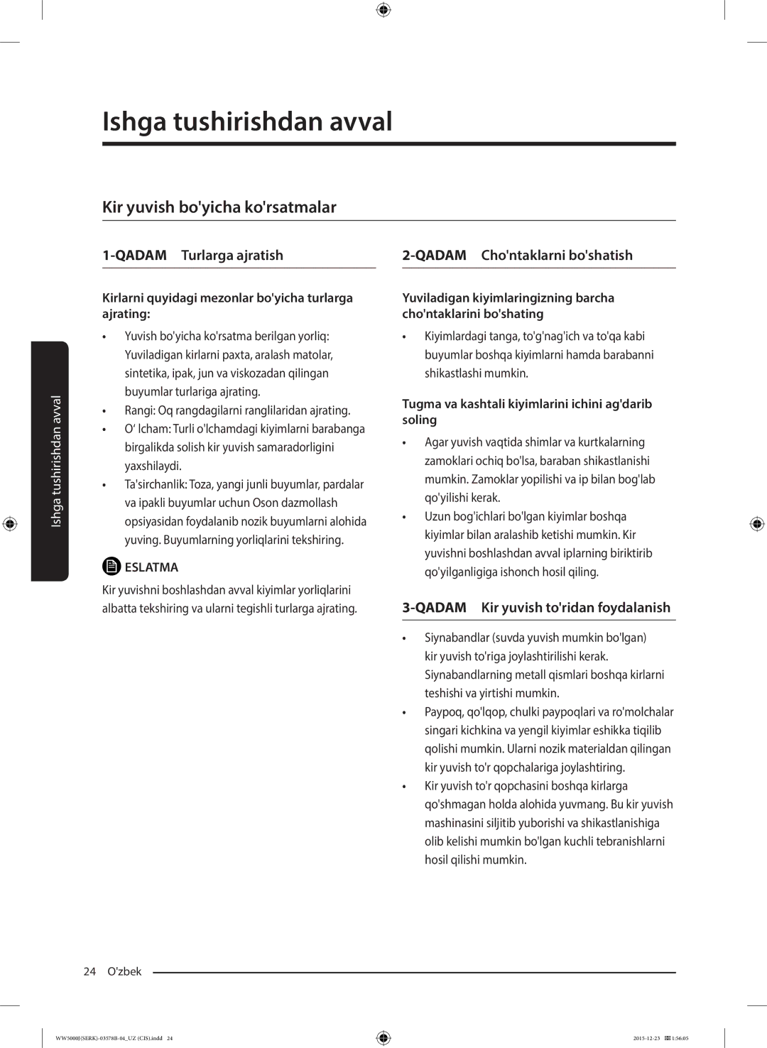 Samsung WW60J5213HSDLP manual Kir yuvish boyicha korsatmalar, Qadam Turlarga ajratish, Qadam Chontaklarni boshatish 