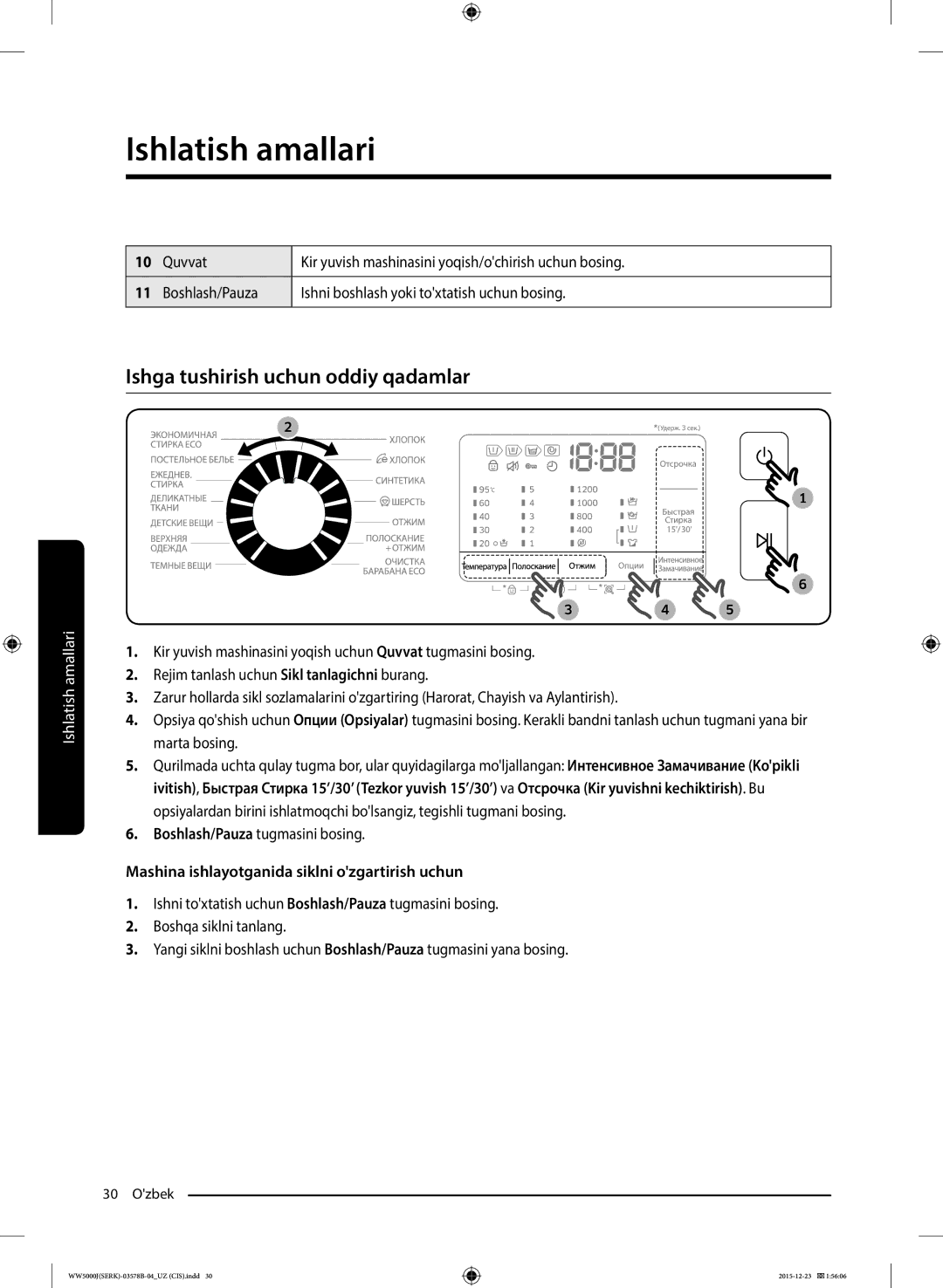 Samsung WW60J5213HSDLP manual Ishga tushirish uchun oddiy qadamlar, Boshlash/Pauza tugmasini bosing 