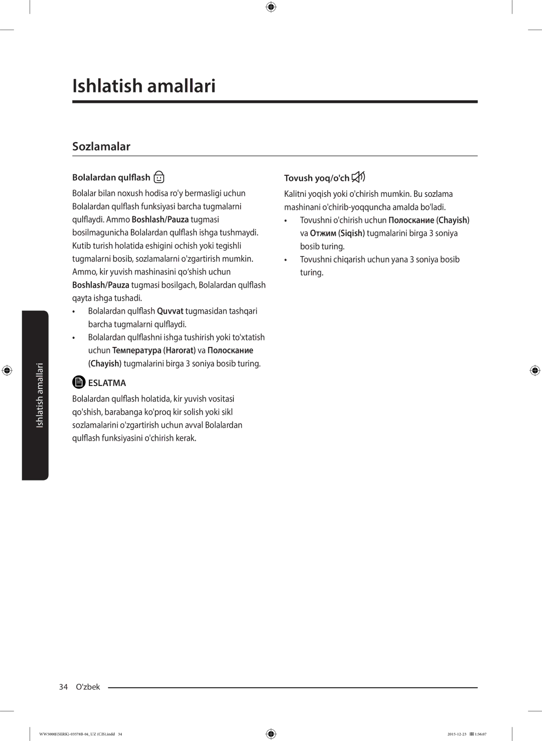 Samsung WW60J5213HSDLP manual Sozlamalar, Bolalardan qulflash, Tovush yoq/och 