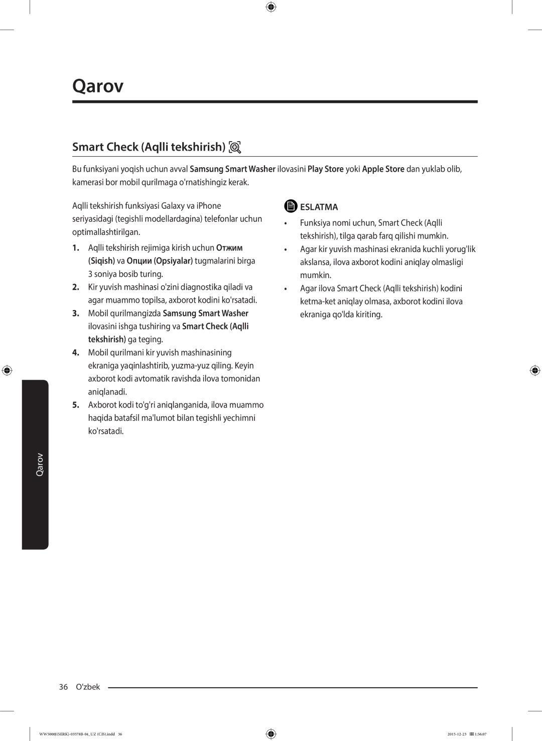 Samsung WW60J5213HSDLP manual Smart Check Aqlli tekshirish 