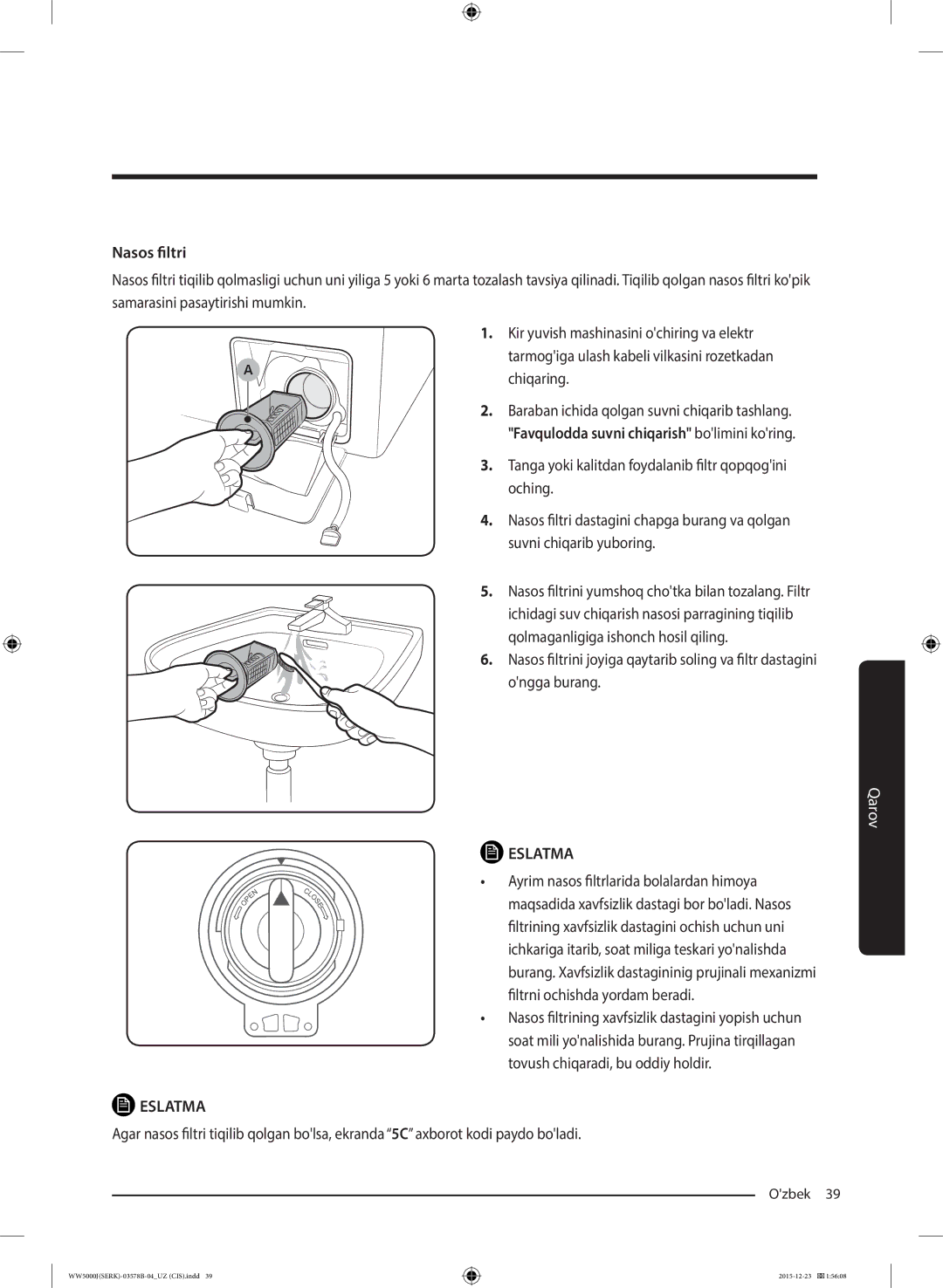 Samsung WW60J5213HSDLP manual Nasos filtri, Baraban ichida qolgan suvni chiqarib tashlang 