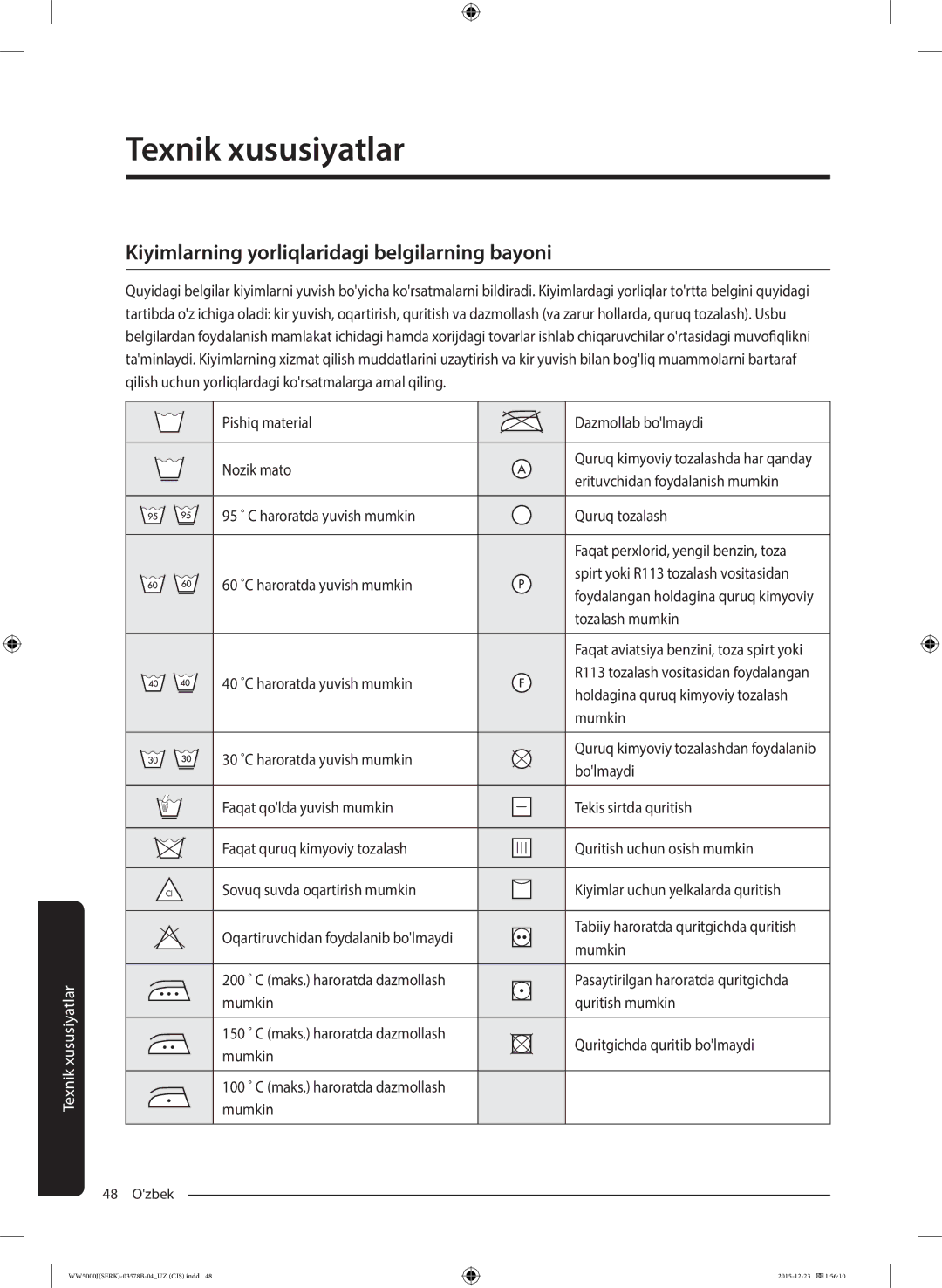 Samsung WW60J5213HSDLP manual Texnik xususiyatlar, Kiyimlarning yorliqlaridagi belgilarning bayoni 