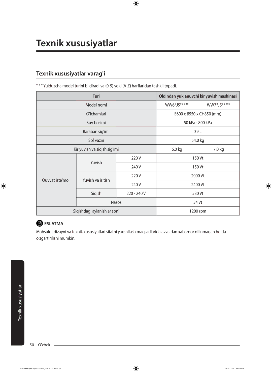 Samsung WW60J5213HSDLP manual Texnik xususiyatlar varagi, Turi, Nasos 