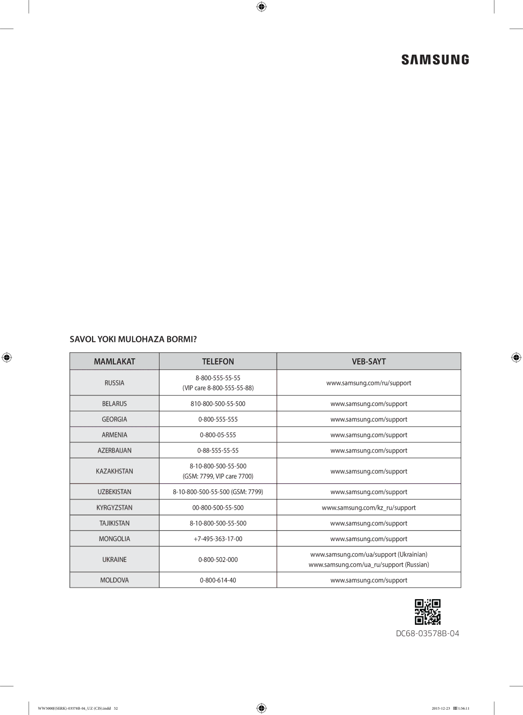 Samsung WW60J5213HSDLP manual Savol Yoki Mulohaza BORMI? Mamlakat Telefon VEB-SAYT 