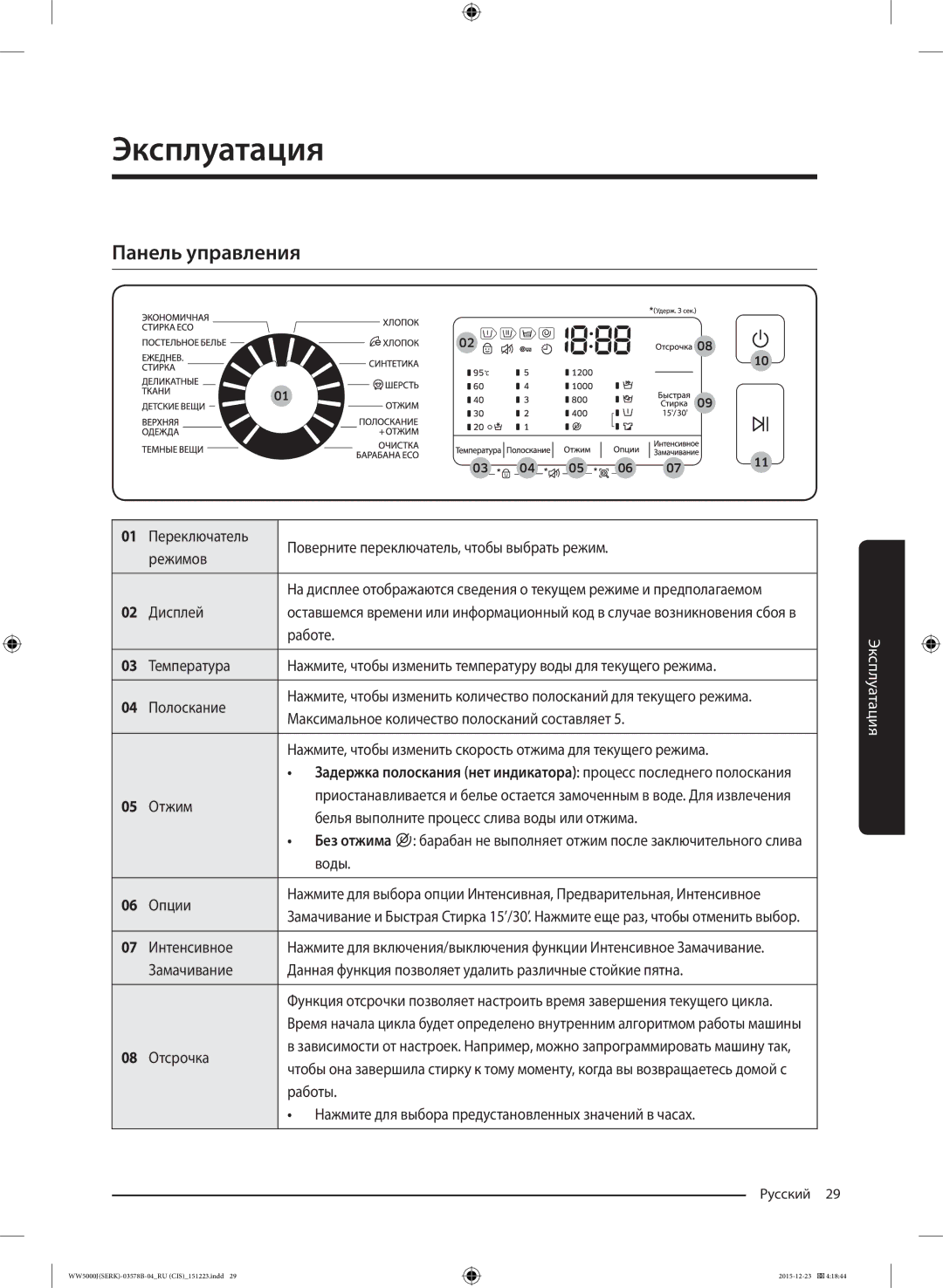 Samsung WW60J5213HSDLP manual Эксплуатация, Панель управления 