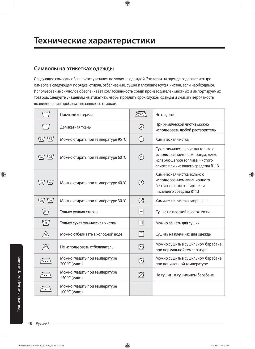 Samsung WW60J5213HSDLP manual Технические характеристики, Символы на этикетках одежды 