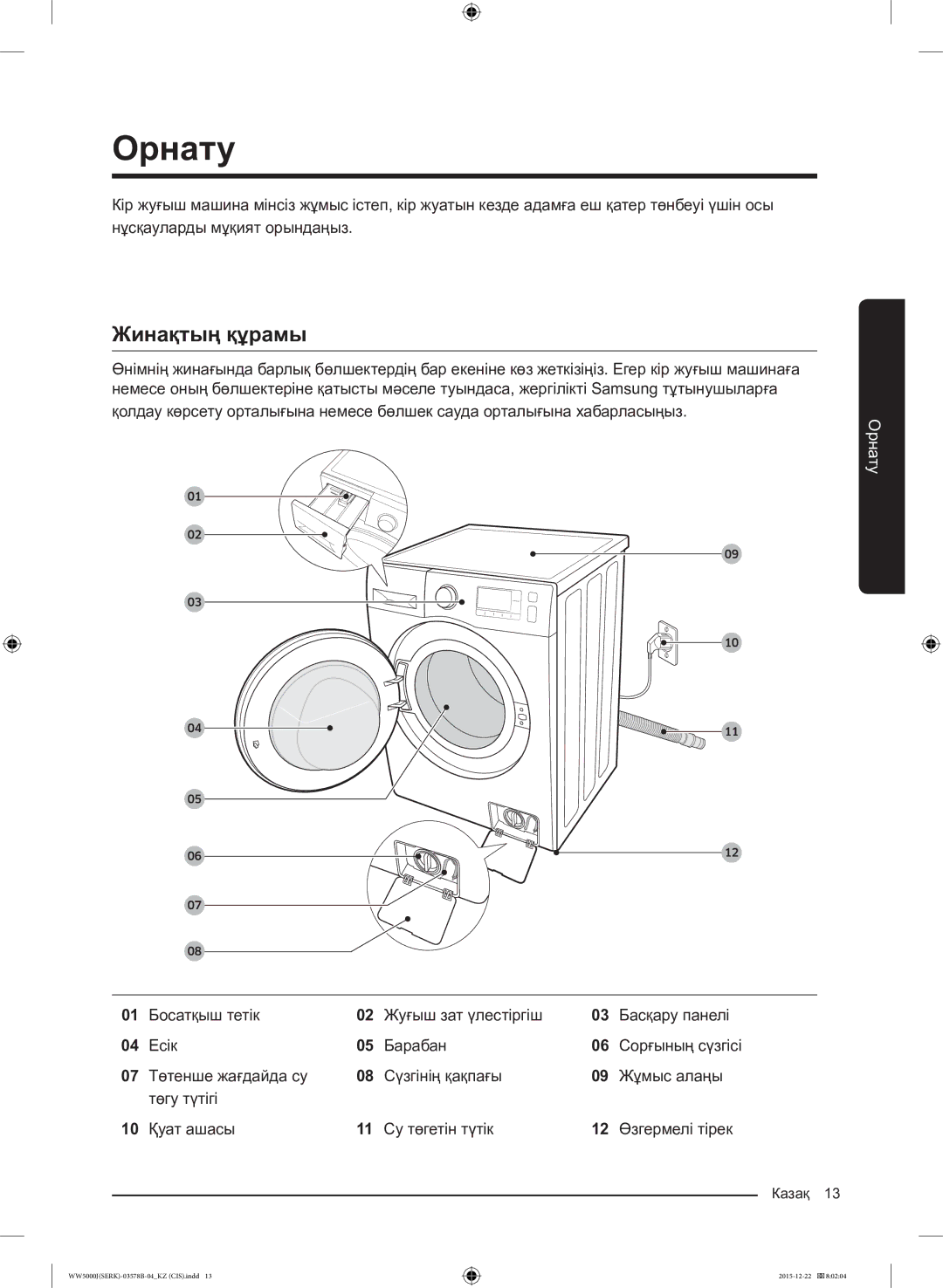 Samsung WW60J5213HSDLP manual Орнату, Жинақтың құрамы 