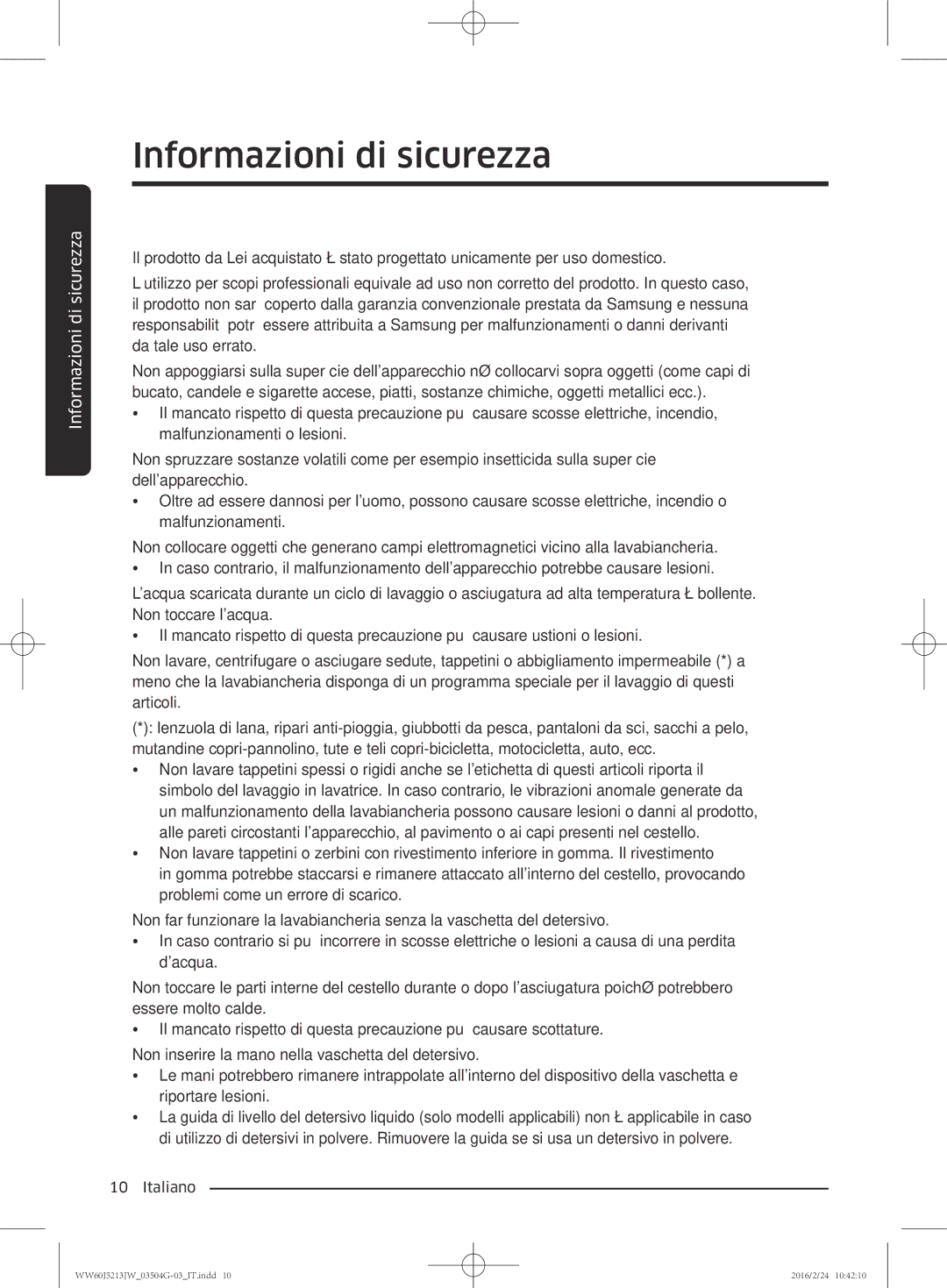 Samsung WW60J5213JW/ET manual Informazioni di sicurezza 