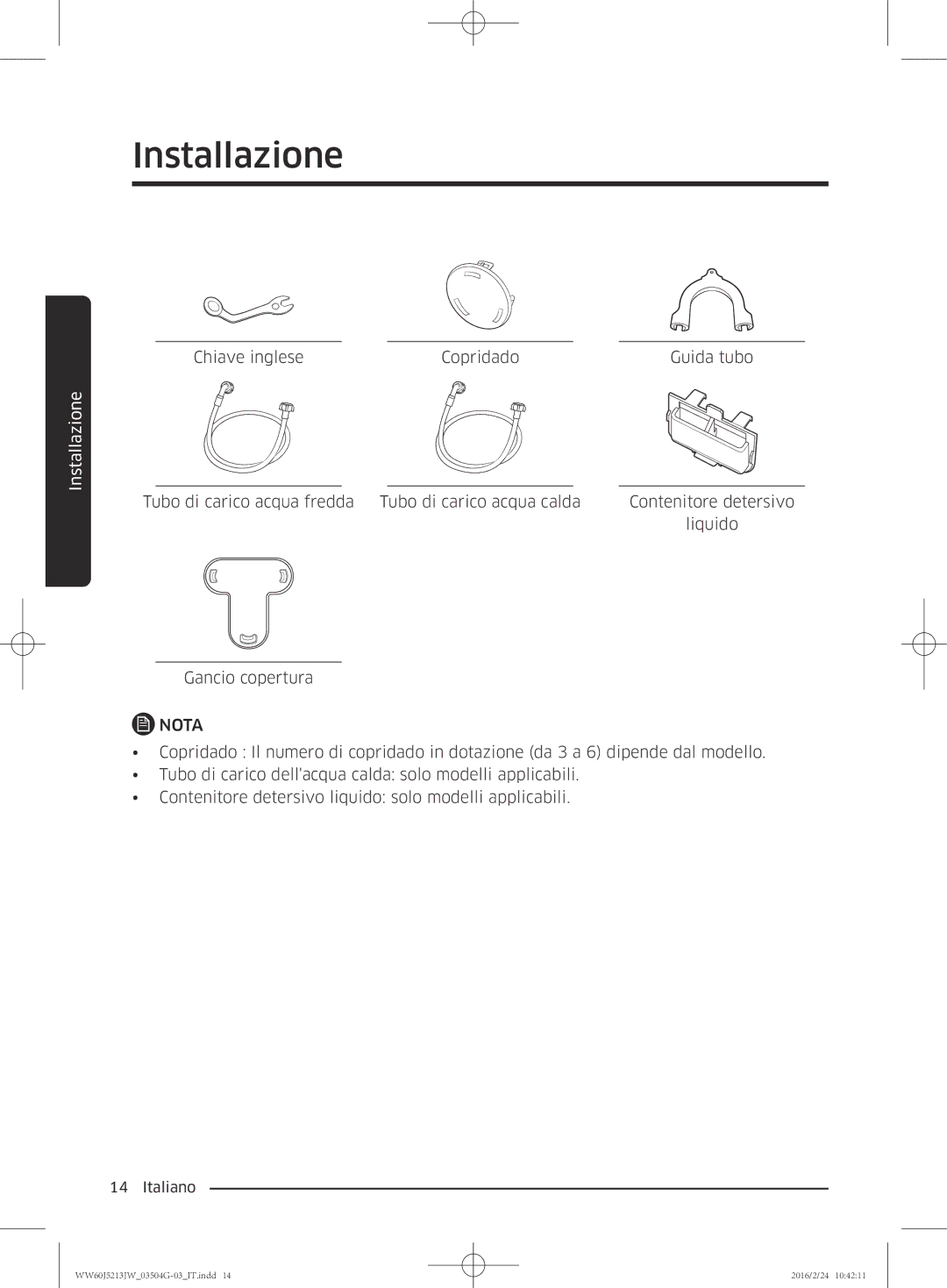 Samsung WW60J5213JW/ET manual Chiave inglese Copridado Guida tubo 