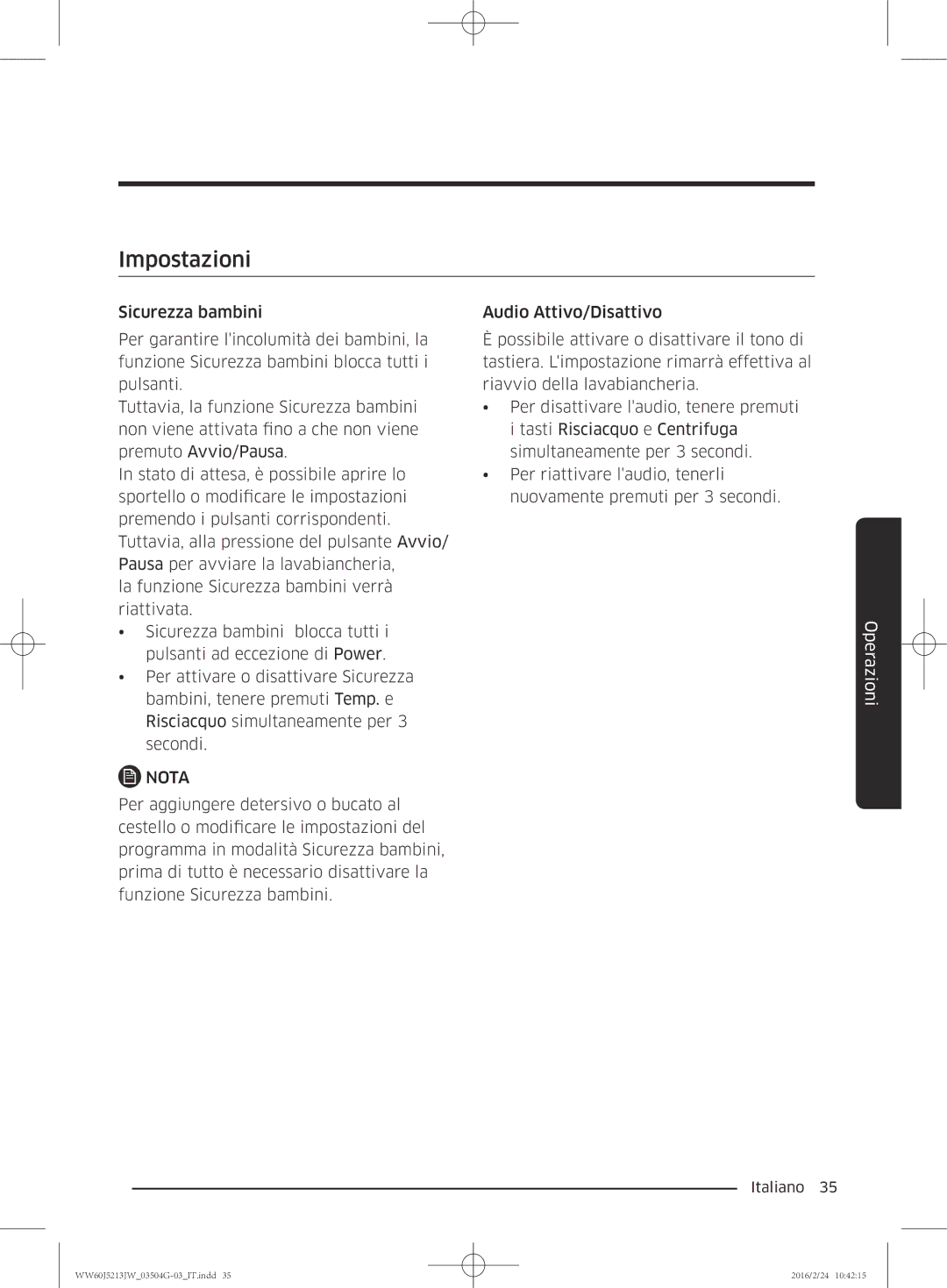 Samsung WW60J5213JW/ET manual Impostazioni 