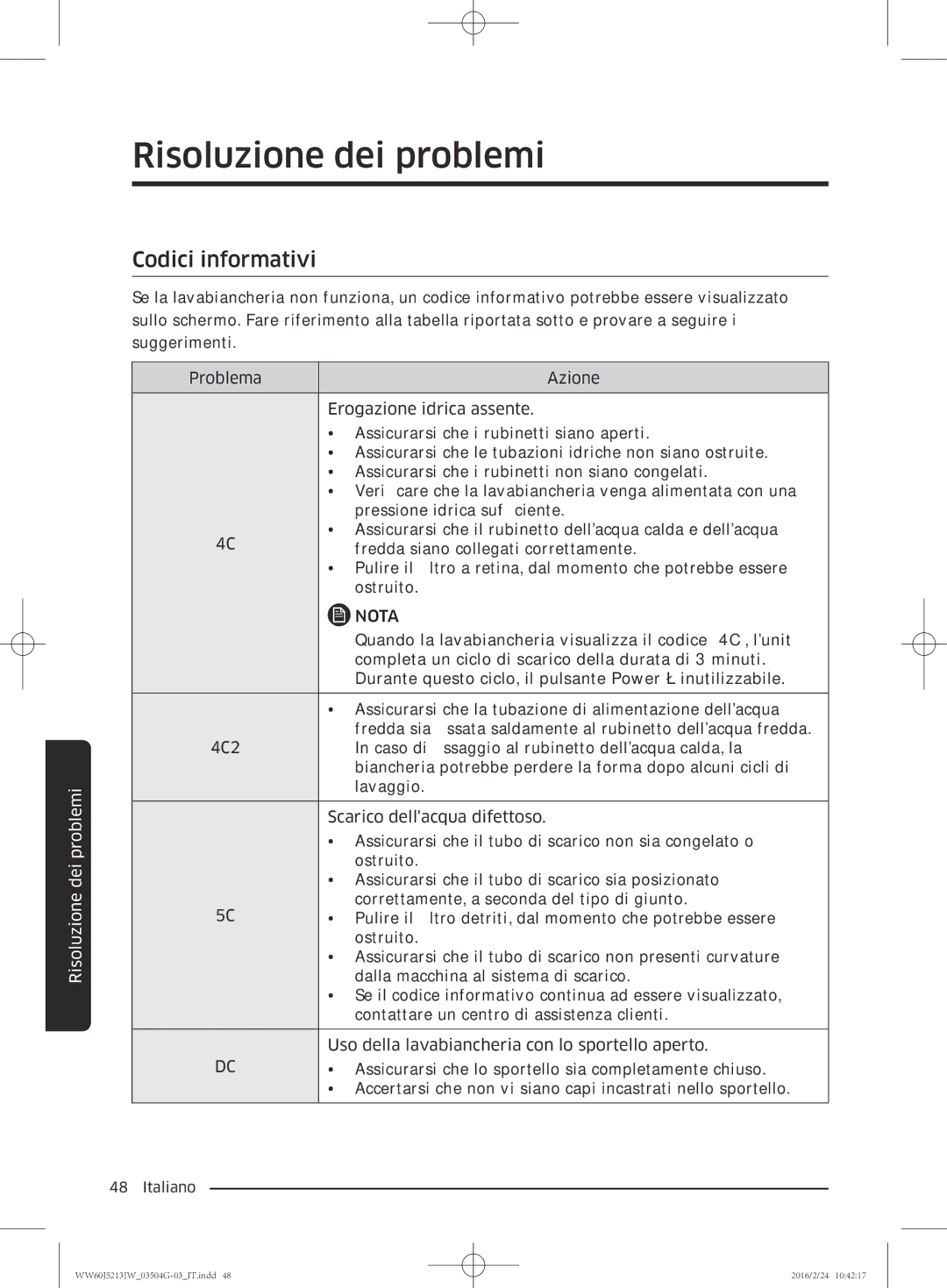 Samsung WW60J5213JW/ET manual Codici informativi 