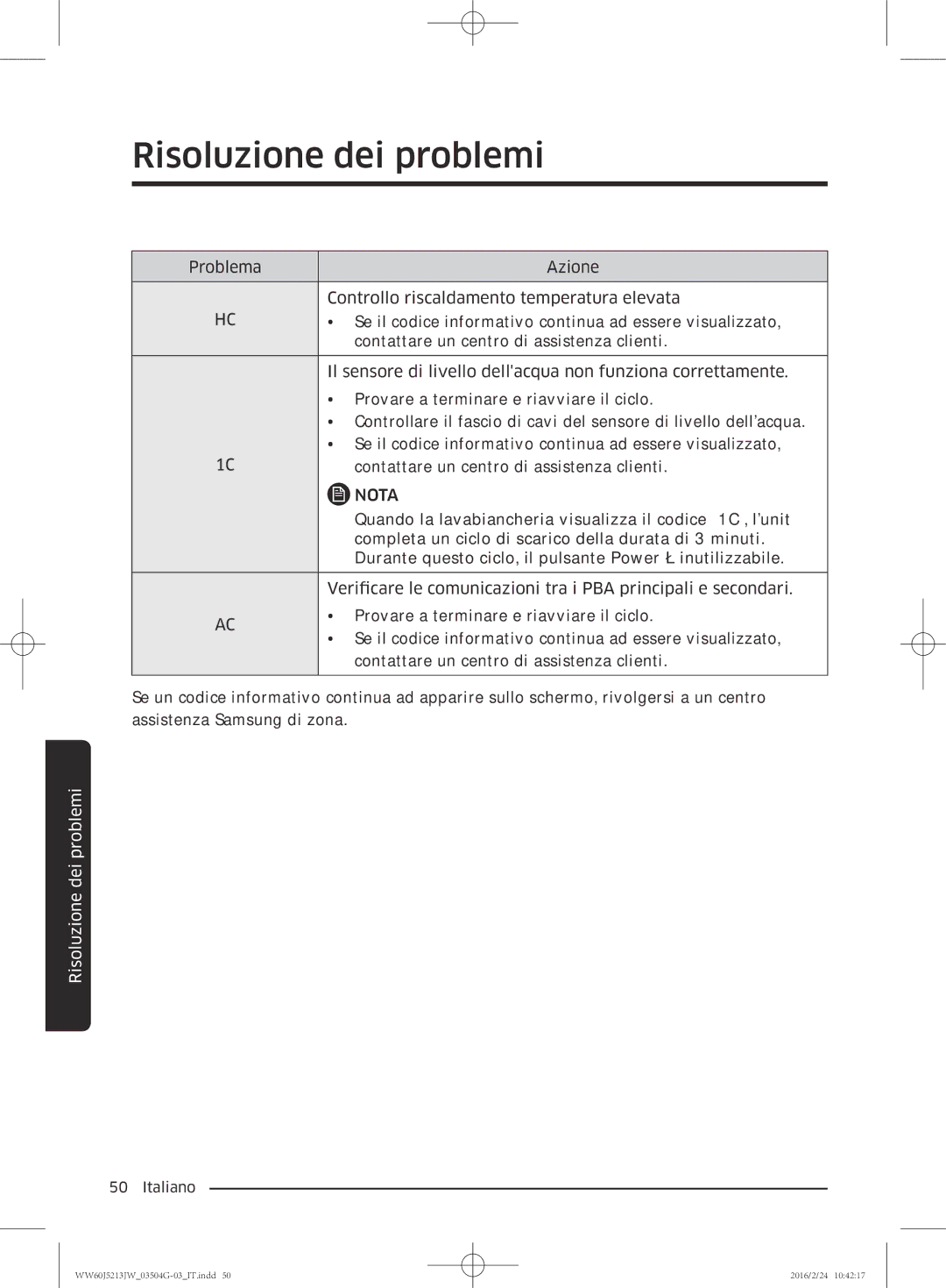 Samsung WW60J5213JW/ET manual Quando la lavabiancheria visualizza il codice 1C, lunità 