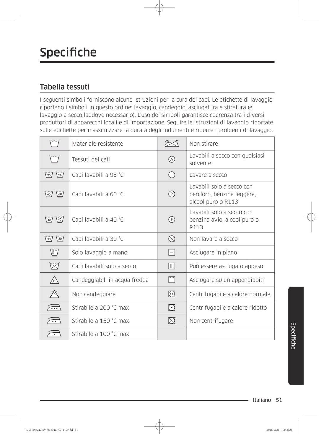 Samsung WW60J5213JW/ET manual Specifiche, Tabella tessuti 