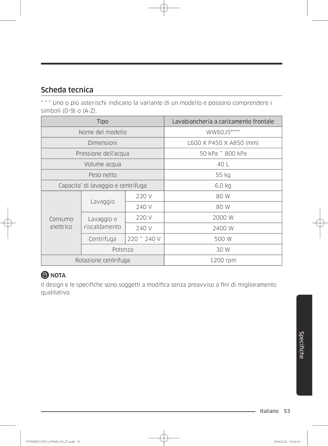 Samsung WW60J5213JW/ET manual Scheda tecnica 