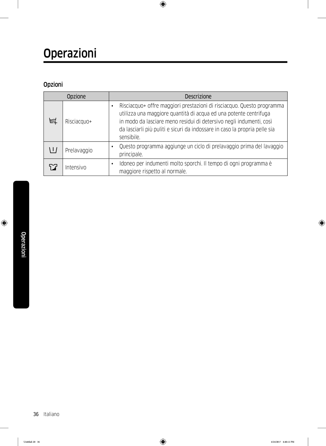 Samsung WW60K42108W/ET manual Opzioni 