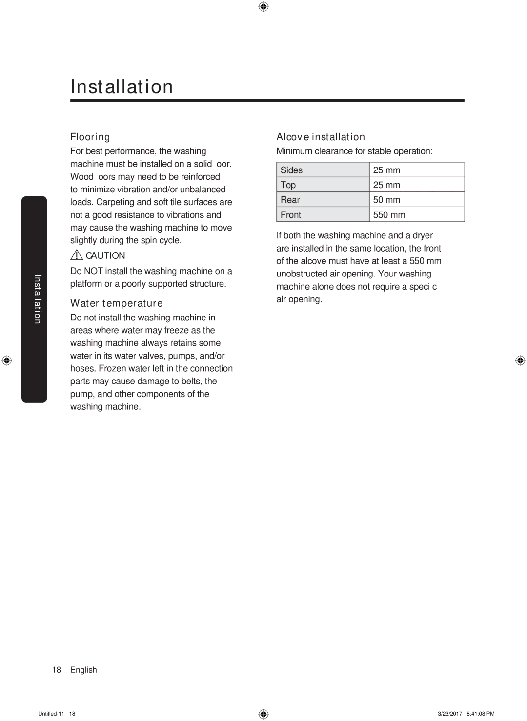 Samsung WW60K42138W/EO, WW60K42109W/EO manual Flooring, Water temperature, Alcove installation 