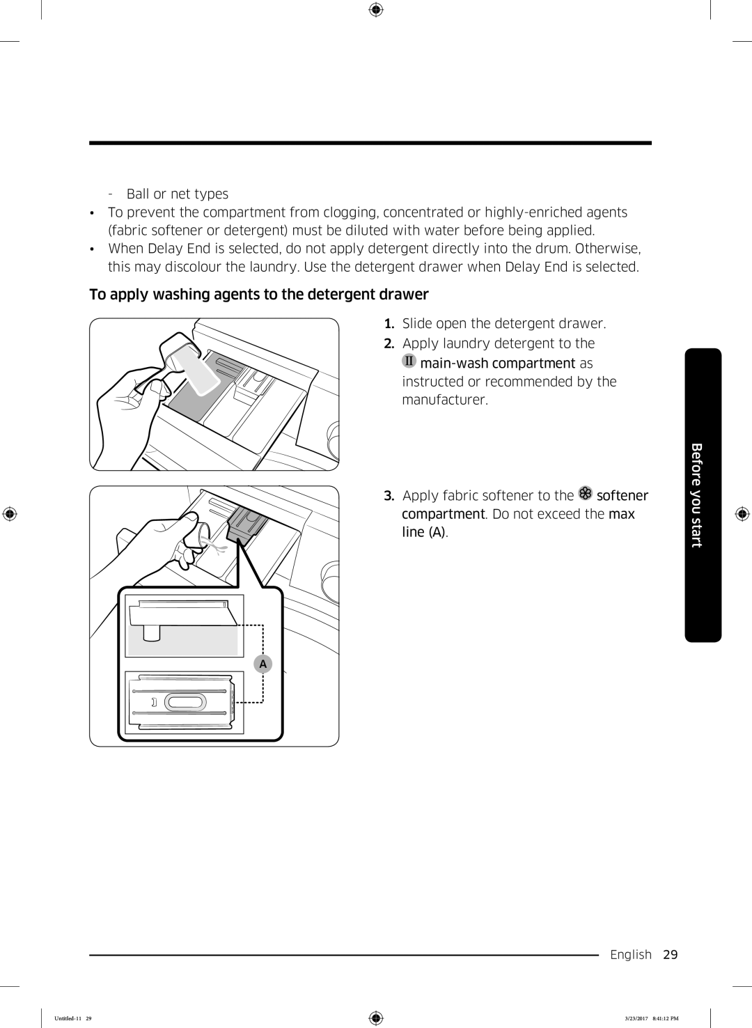 Samsung WW60K42109W/EO, WW60K42138W/EO manual To apply washing agents to the detergent drawer 