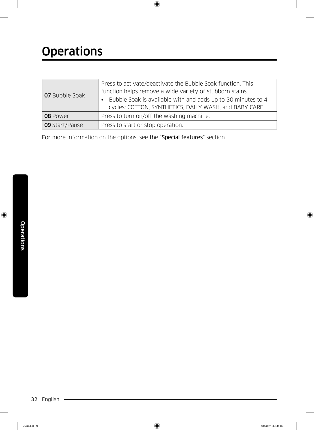 Samsung WW60K42138W/EO, WW60K42109W/EO manual Press to activate/deactivate the Bubble Soak function. This 