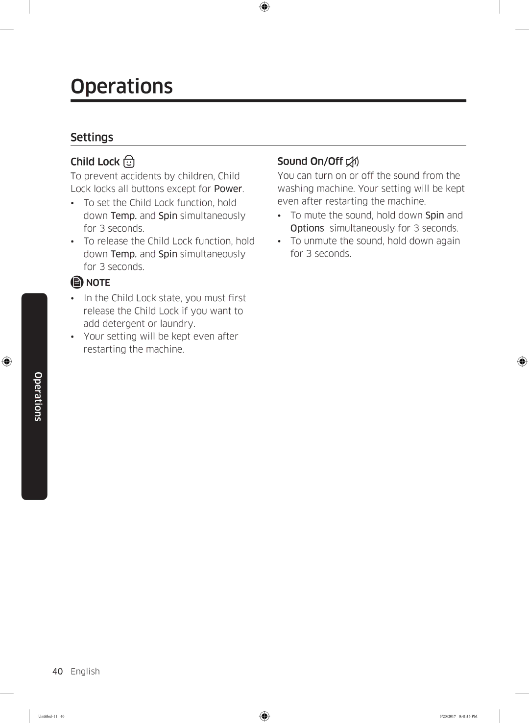 Samsung WW60K42138W/EO, WW60K42109W/EO manual Settings, Child Lock, Sound On/Off 