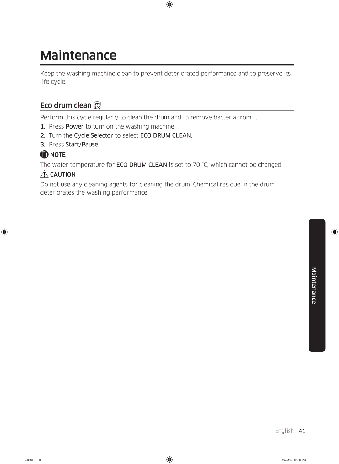 Samsung WW60K42109W/EO, WW60K42138W/EO manual Maintenance, Eco drum clean 