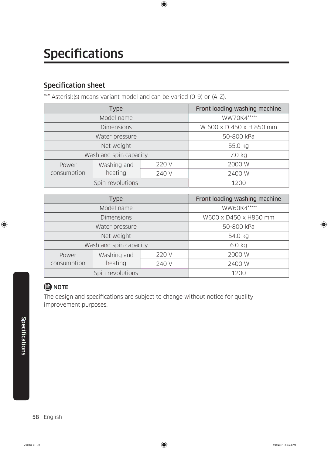 Samsung WW60K42138W/EO, WW60K42109W/EO manual Specification sheet 