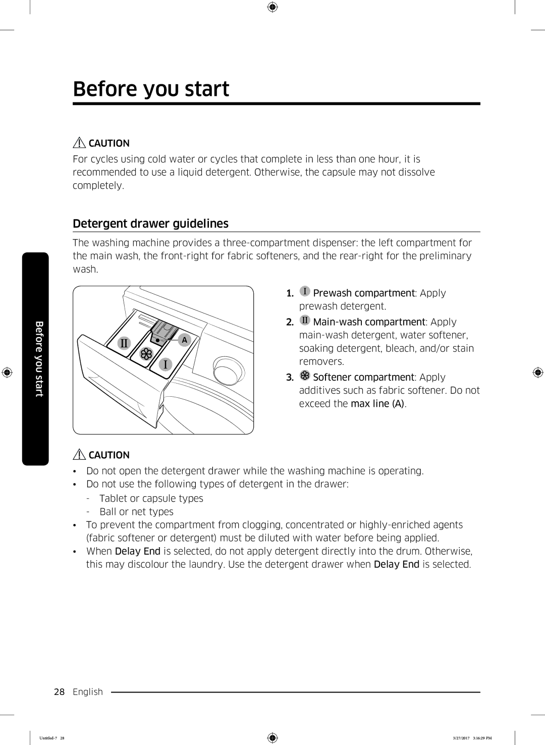 Samsung WW60K52109W/EO manual Detergent drawer guidelines 