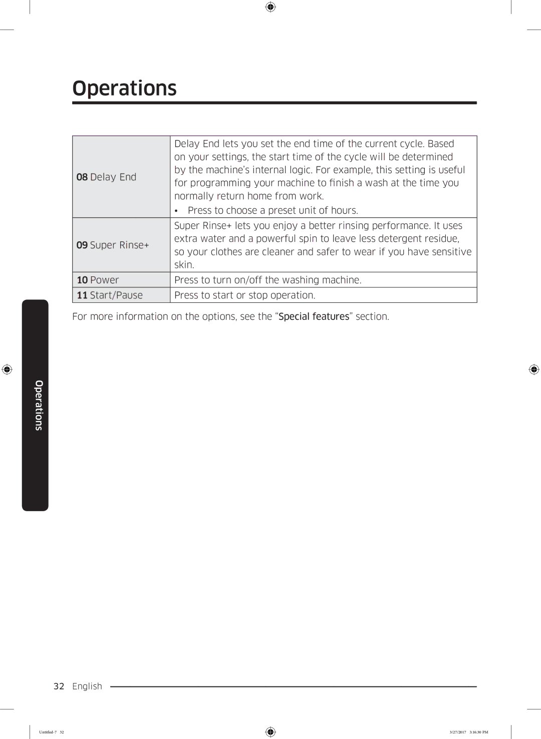 Samsung WW60K52109W/EO manual Operations 