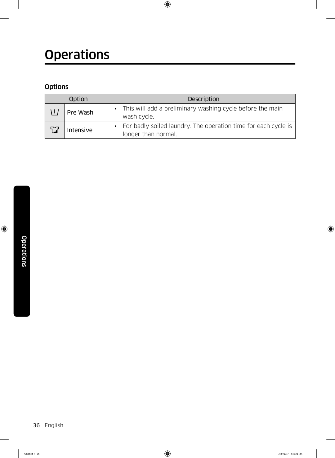 Samsung WW60K52109W/EO manual Options 