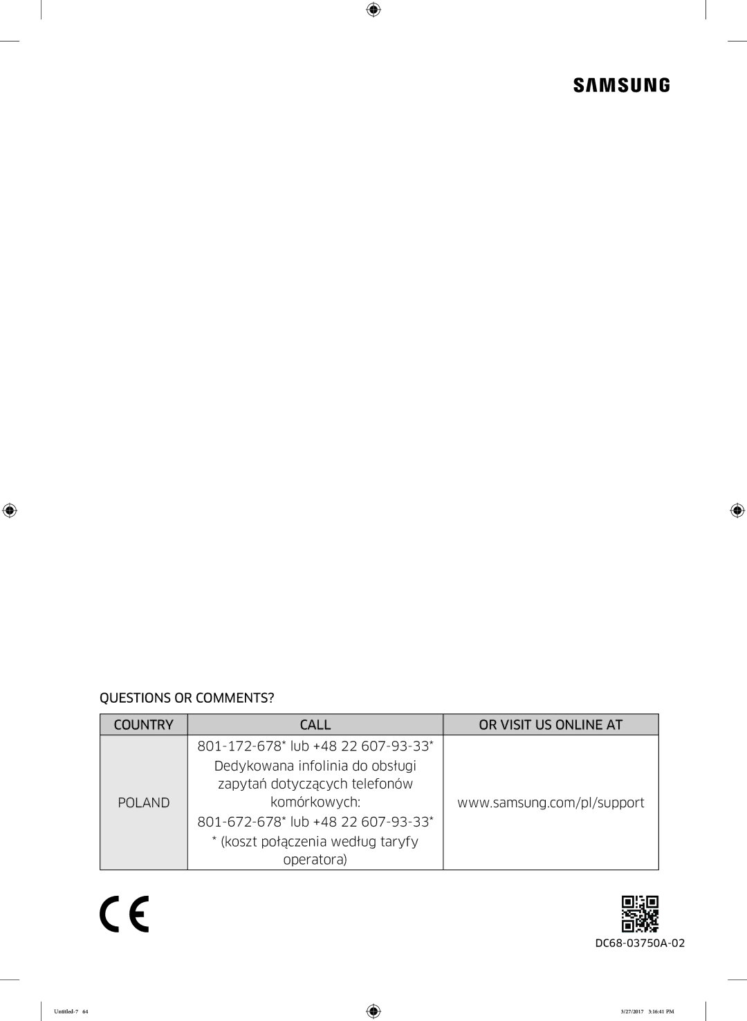 Samsung WW60K52109W/EO manual Questions or COMMENTS? Country Call Or Visit US Online AT 