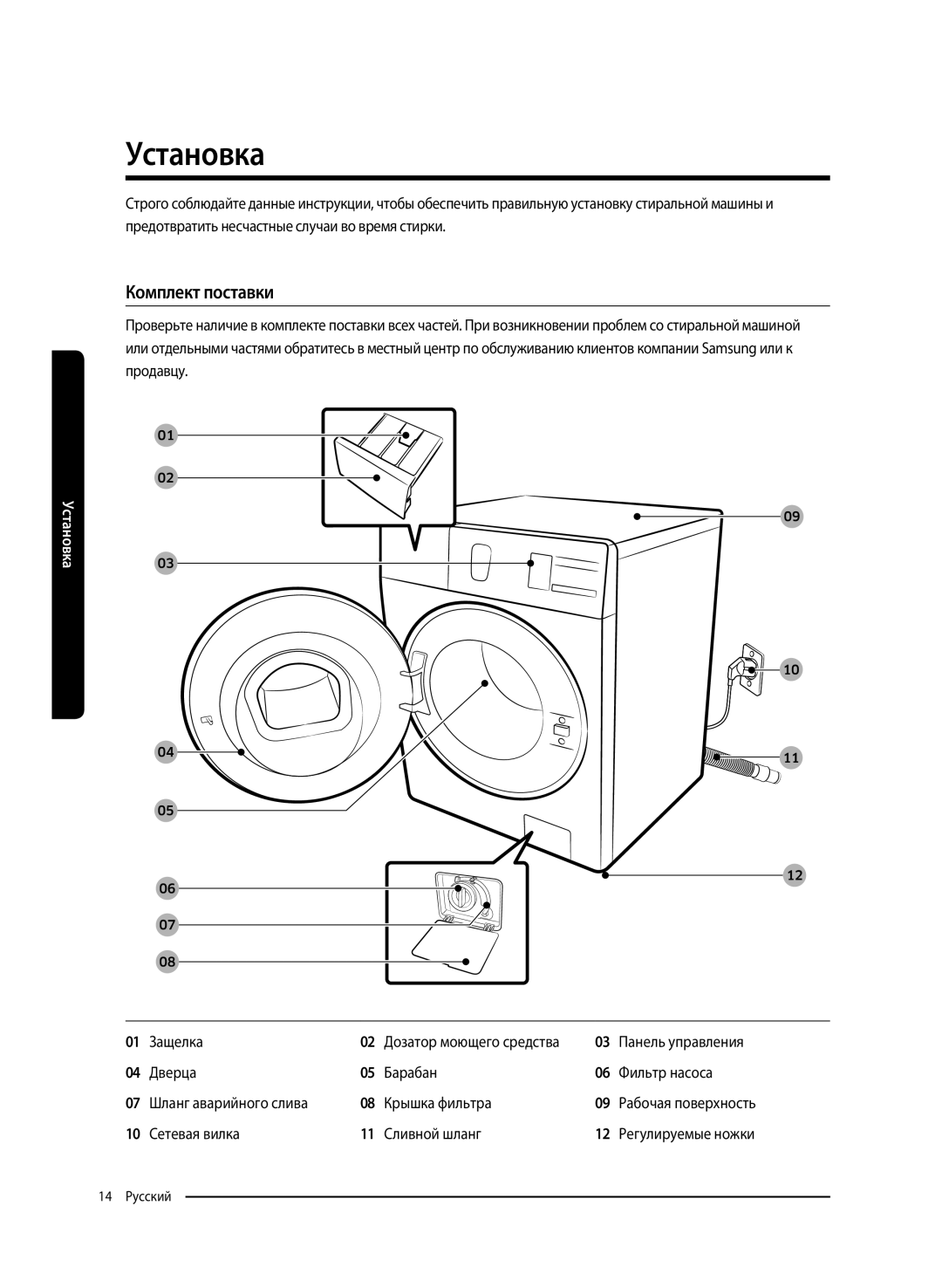 Samsung WW65K52E69WDLP, WW65K52E69SDLP manual Установка, Комплект поставки, Сетевая вилка Сливной шланг 