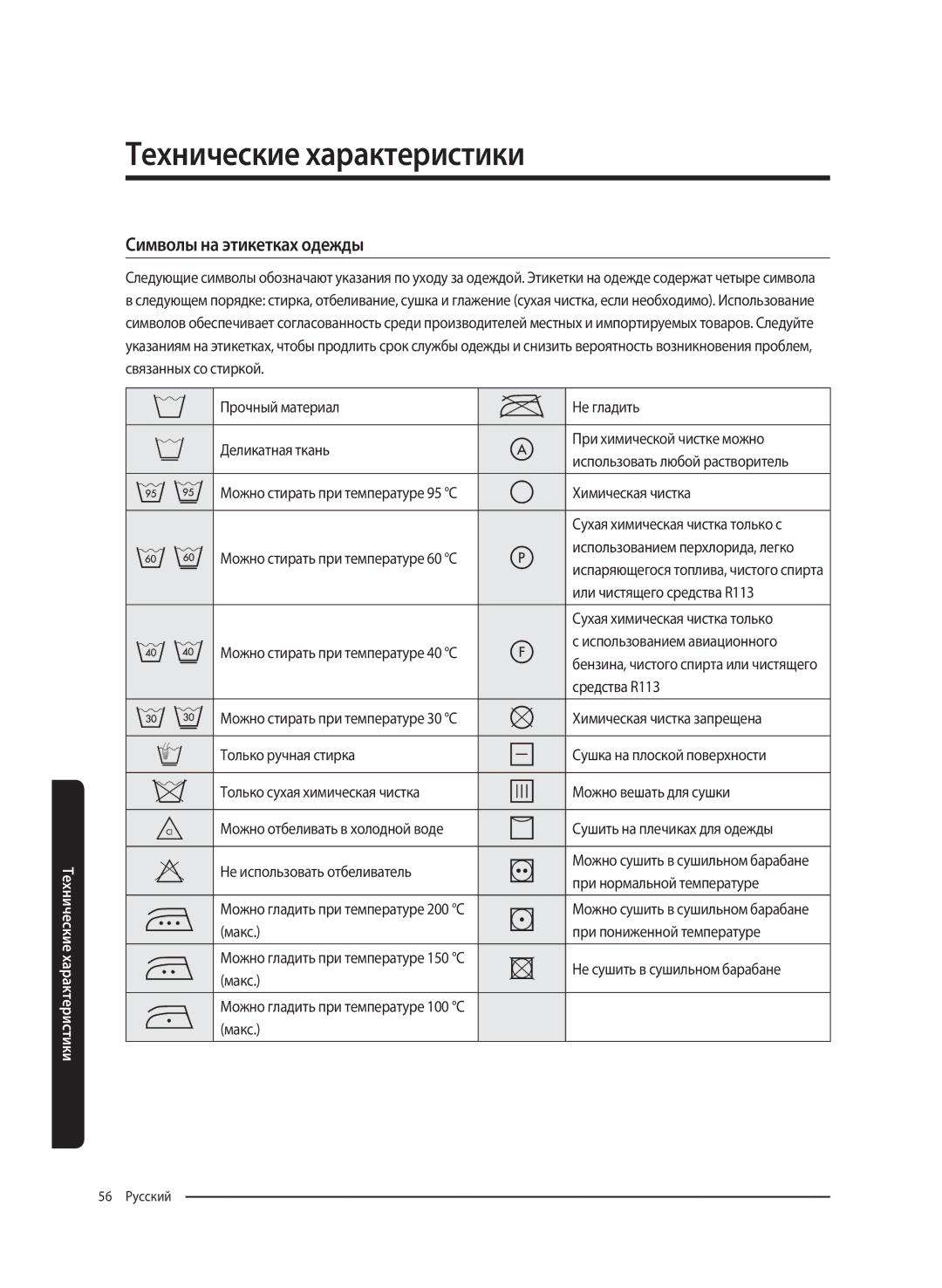 Samsung WW65K52E69WDLP, WW65K52E69SDLP manual Технические характеристики, Символы на этикетках одежды 