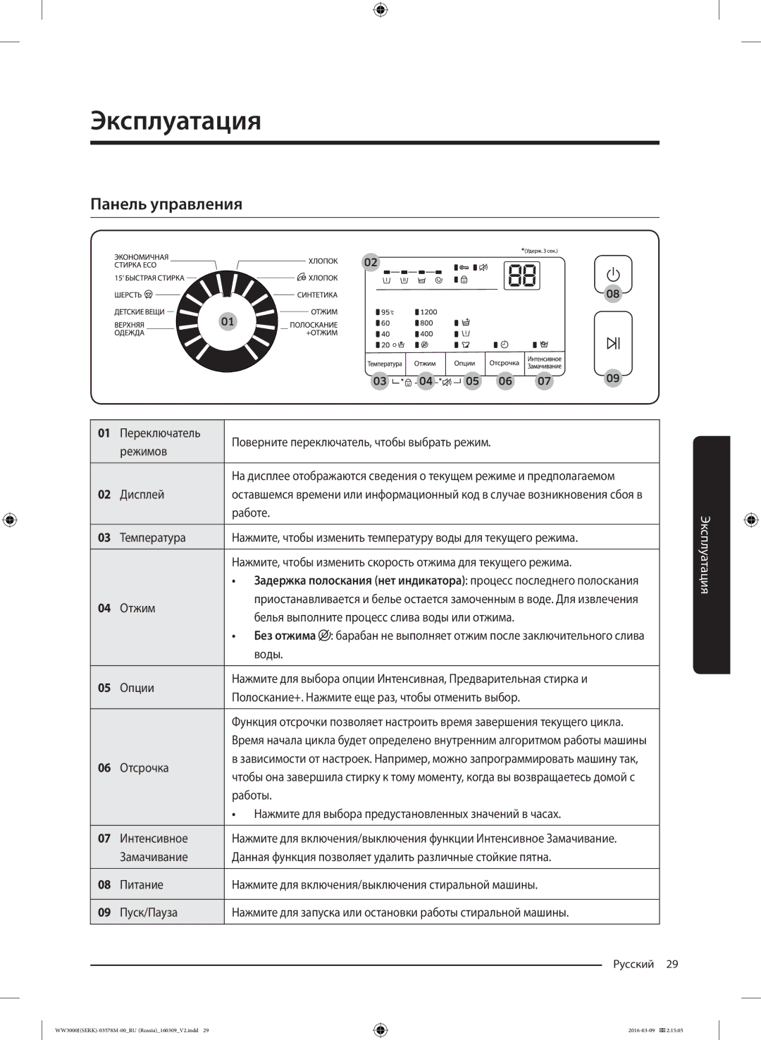 Samsung WW6MJ30632WDLP manual Эксплуатация, Панель управления 