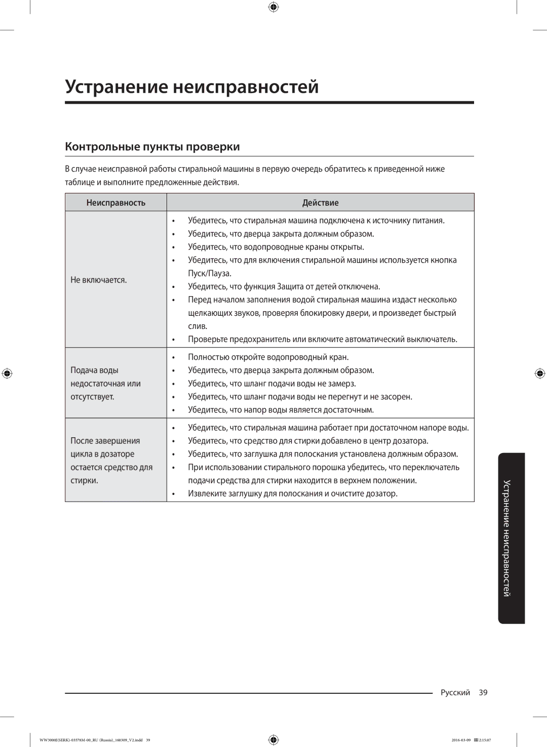 Samsung WW6MJ30632WDLP manual Устранение неисправностей, Контрольные пункты проверки, Неисправность Действие, Слив 