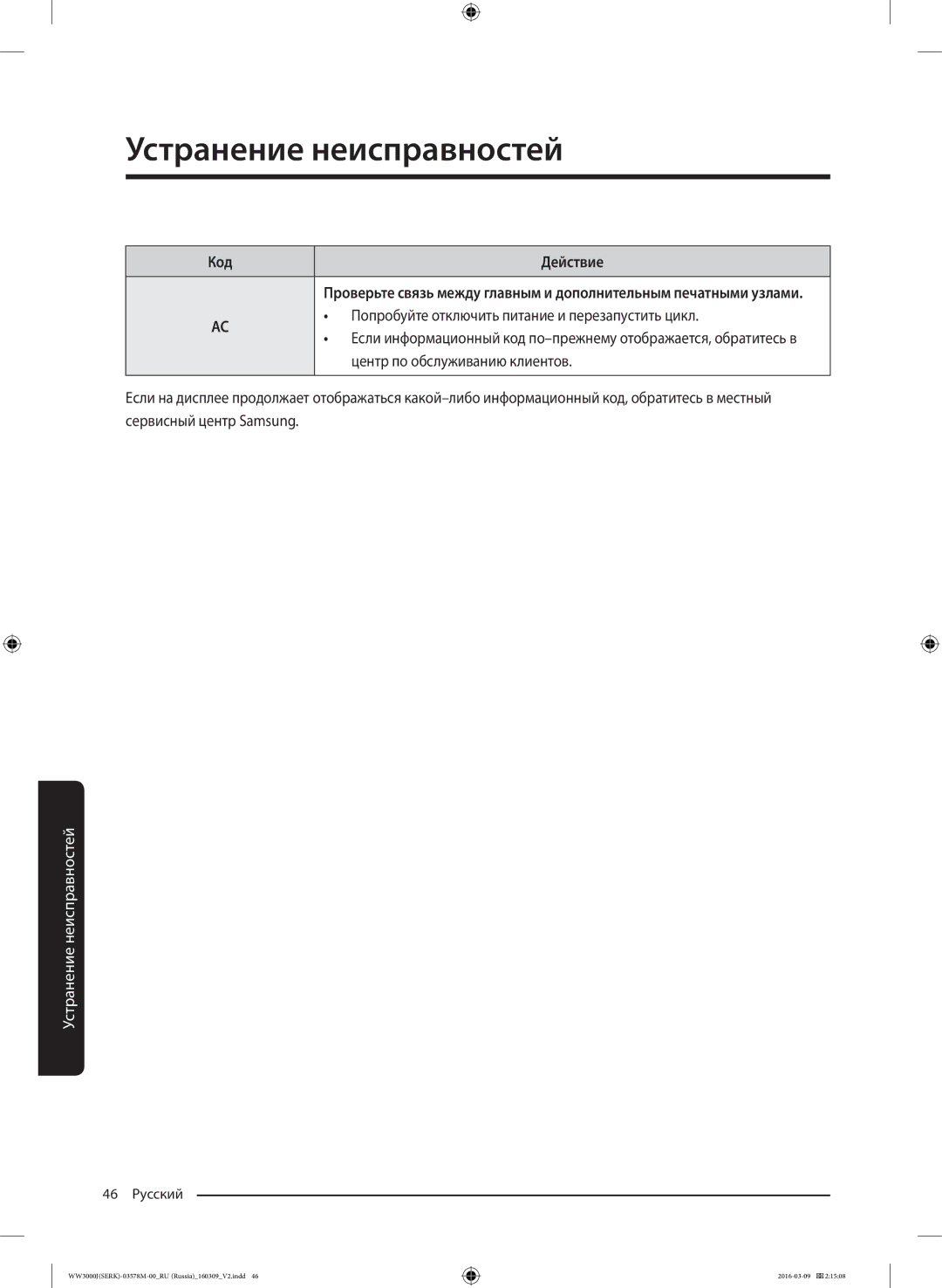 Samsung WW6MJ30632WDLP Код Действие, Попробуйте отключить питание и перезапустить цикл, Центр по обслуживанию клиентов 